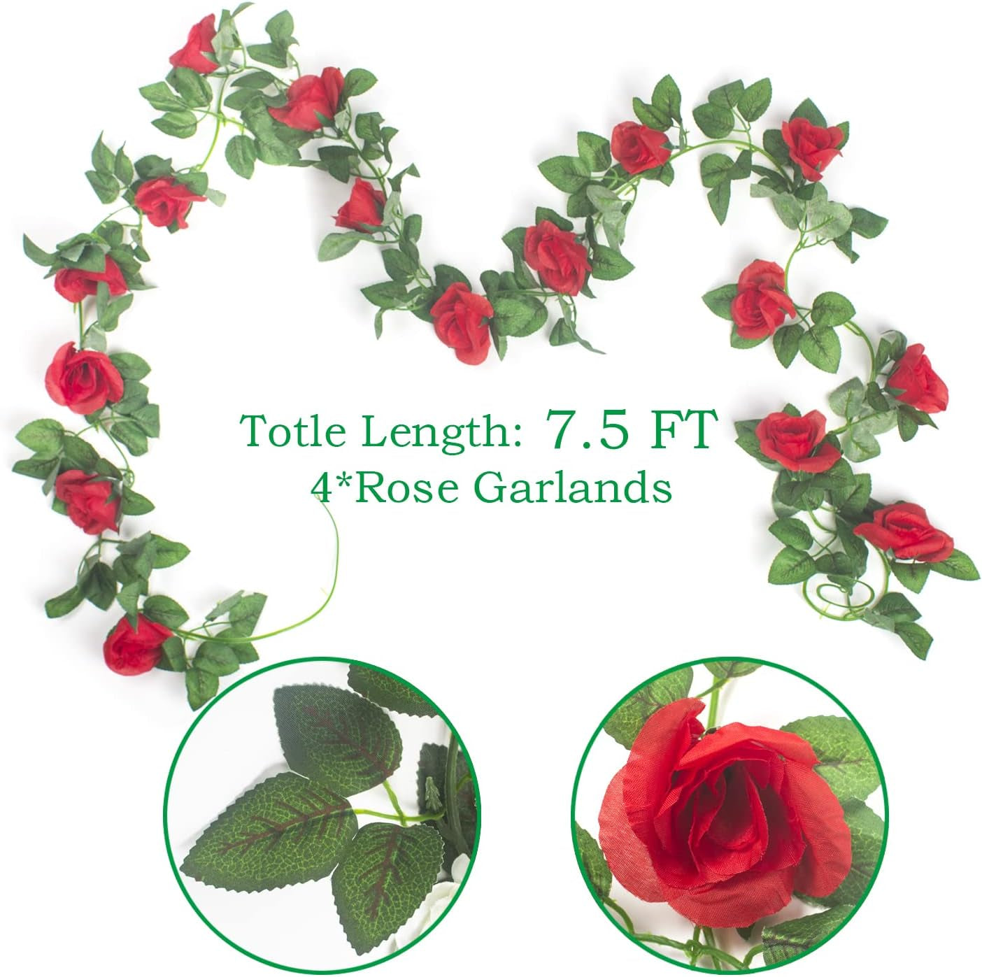 4Pcs(32 FT) Artificial Rose Vine Fake Flower Garland Hanging Rose Ivy Hanging Baskets Wedding Arch Garden Background Decor (Red)