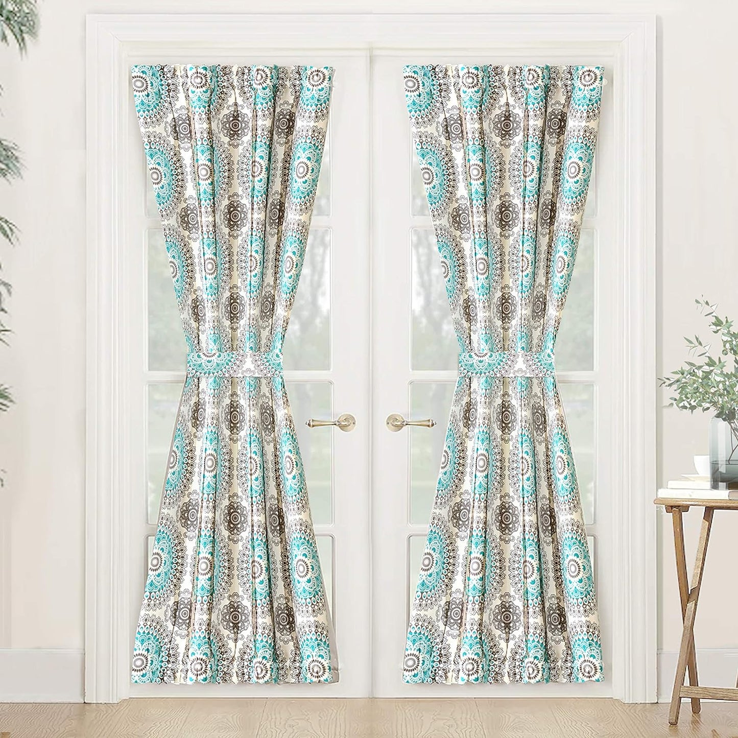 Driftaway Curtains for Bedroom Room Darkening Curtain 25 Inch by 72 Inch Medallion Drapes for French Door Windows Boho Damask Pattern Sidelight Curtain for Front Door Single Panel Aqua and Gray  DriftAway Aqua/Grey (2)52"X72" | Door Panel 
