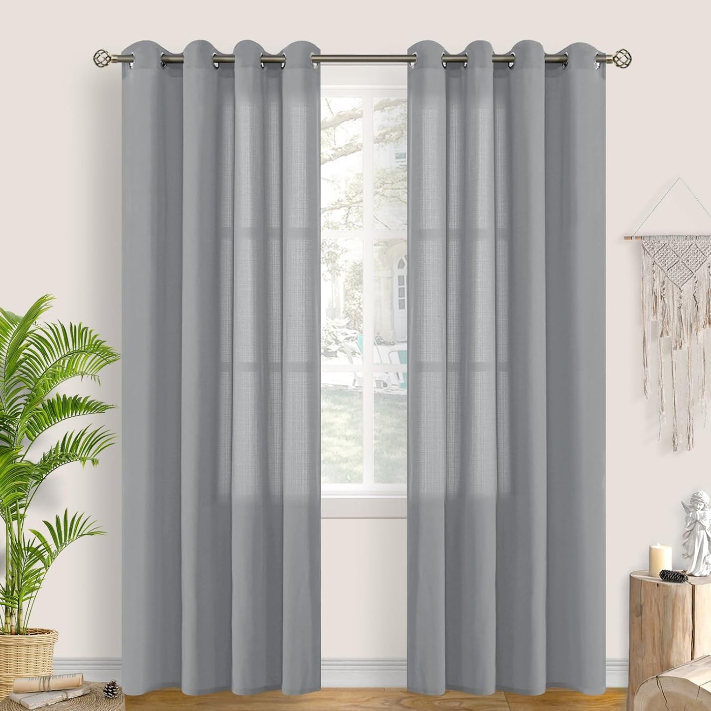 Bgment Natural Linen Look Semi Sheer Curtains for Bedroom, 52 X 54 Inch White Grommet Light Filtering Casual Textured Privacy Curtains for Bay Window, 2 Panels  BGment Grey 52W X 95L 