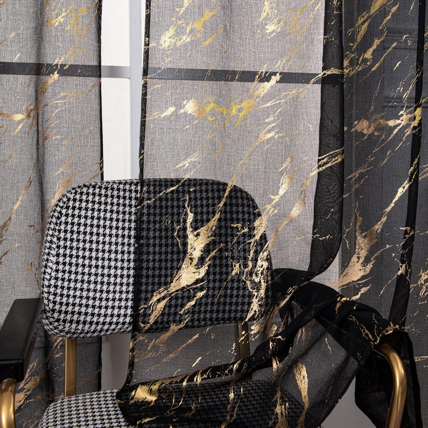 Sutuo Home Marble White Sheer Curtains 84 Inch Length, Gold Foil Print Metallic Bronzing, Privacy Window Treatment Decor Abstract Drape Pair 2 Panels Set for Bedroom Kitchen Living Room 52" W X 84" L  Sutuo Home Gold And Black 52" W X 96" L, 2 Panels 