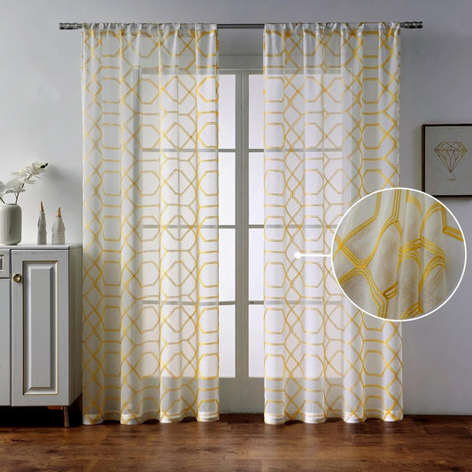 A-LINJD Gold Embroidered Geometric Sheer Curtains Design Half Pleated Rod Pocket White Sheer Curtains Panel for Patio, Living Room, Set of 2, 54Inch X 63 Inch  A-LINJD Yellow 54*95 