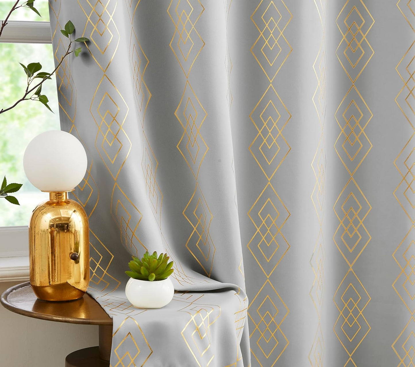 Metallic Geo Blackout Curtain Panels for Bedroom Thermal Insulated Light Blocking Foil Trellis Moroccan Window Treatments Diamond Grommet Drapes for Living-Room, Set of 2, 50" X 84", Beige/Gold  ugoutry Geometric Grey 50"X96"X2 