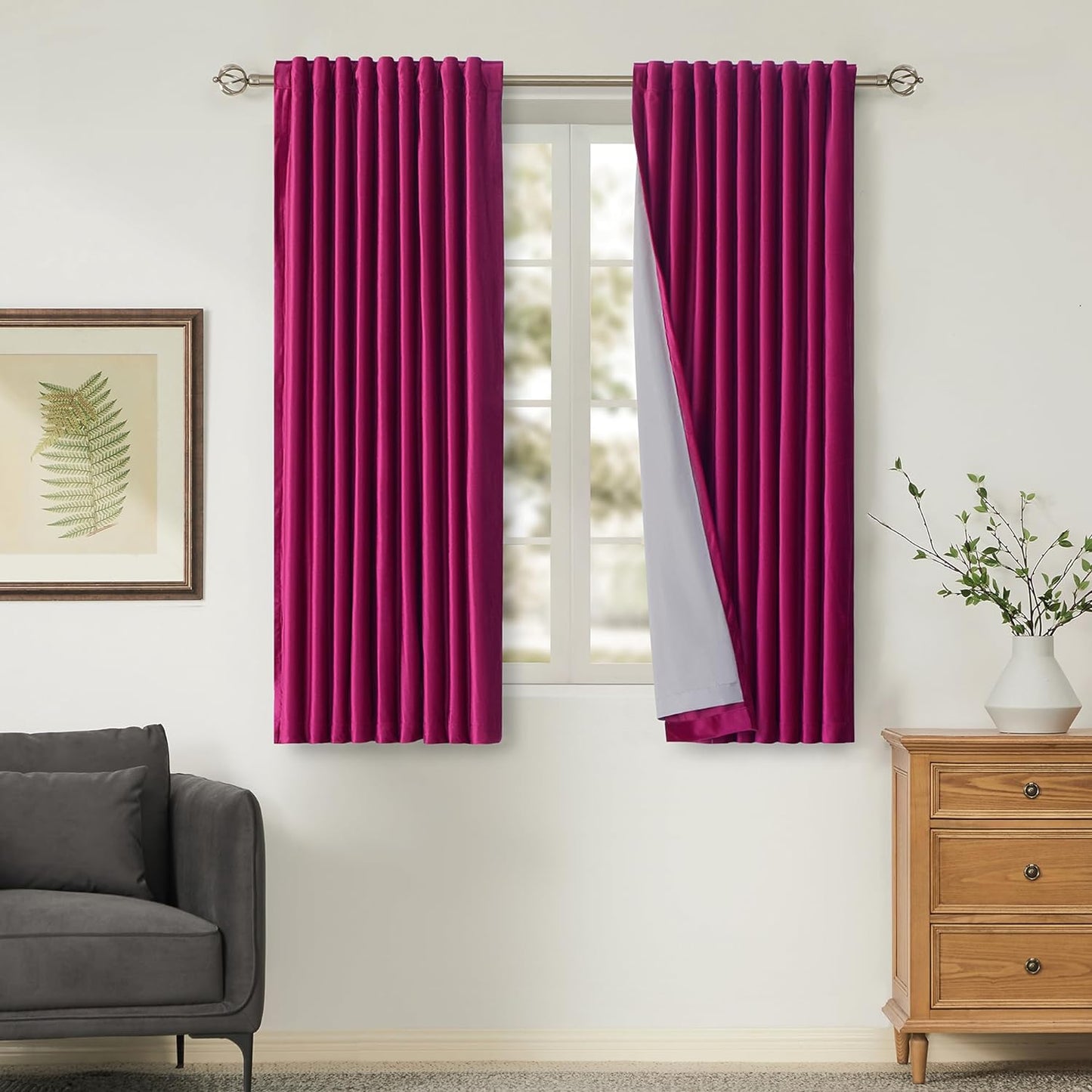 100% Blackout Ivory off White Velvet Curtains 108 Inch Long for Living Room,Set of 2 Panels Liner Rod Pocket Back Tab Thermal Window Drapes Room Darkening Heavy Decorative Curtains for Bedroom  PRIMROSE Hot Pink 52X63 Inches 