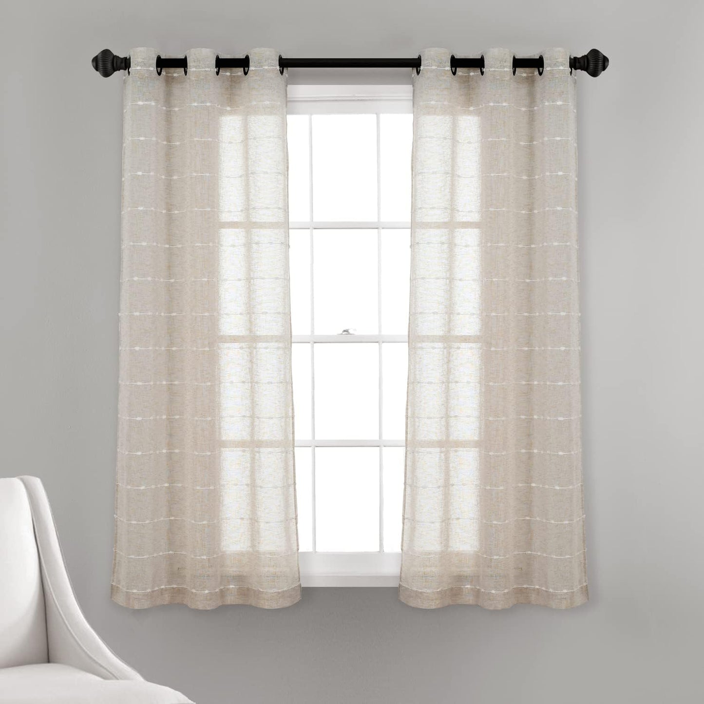 Lush Decor Farmhouse Textured Grommet Sheer Window Curtain Panel Pair, 38"W X 95"L, Gray  Triangle Home Fashions Beige Grommet Pair 38"W X 63"L