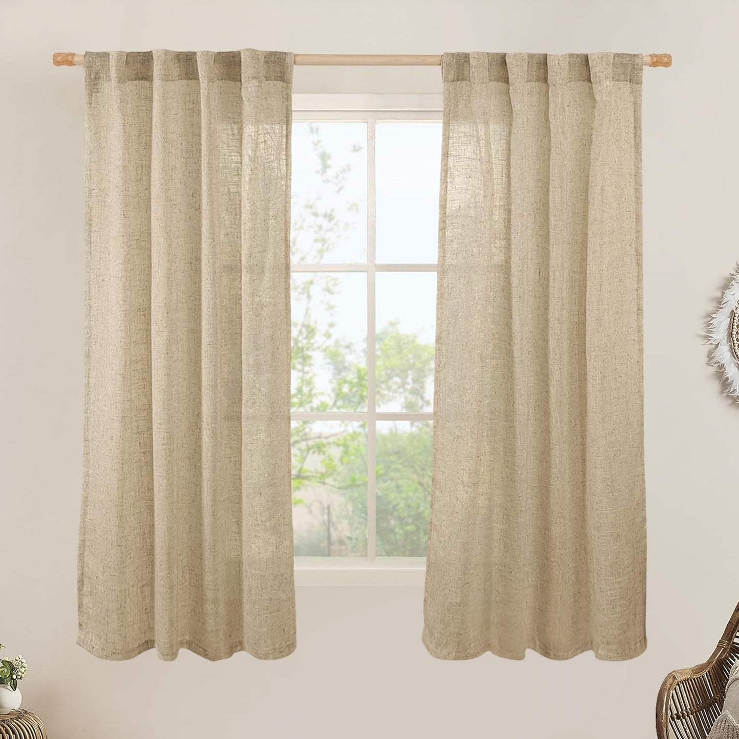 LAMIT Natural Linen Blended Curtains for Living Room, Back Tab and Rod Pocket Semi Sheer Curtains Light Filtering Country Rustic Drapes for Bedroom/Farmhouse, 2 Panels,52 X 108 Inch, Linen  LAMIT Brown 38W X 63L 