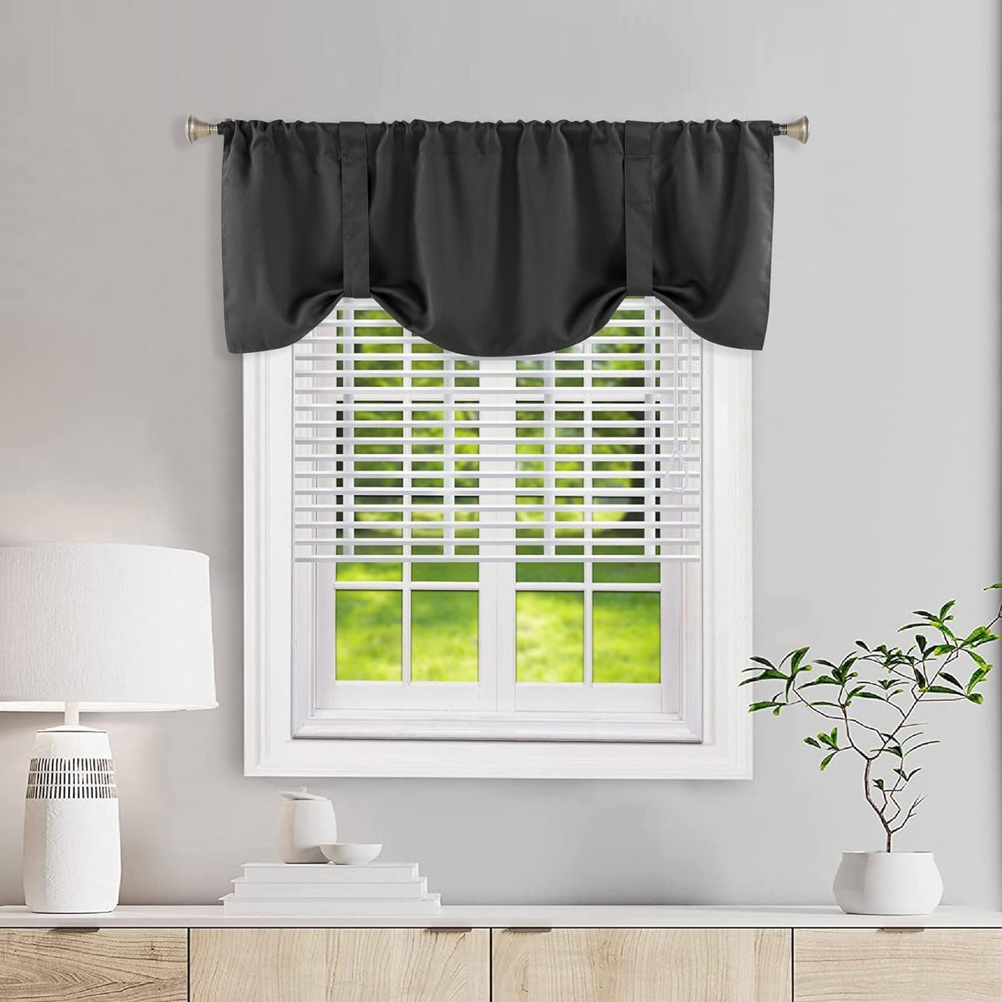 Home Queen Blackout Tie up Curtain Valance, Bathroom Window Valence for Kitchen Bedroom,Straight and Wave Shape Available, 54 X 20 Inches, Black