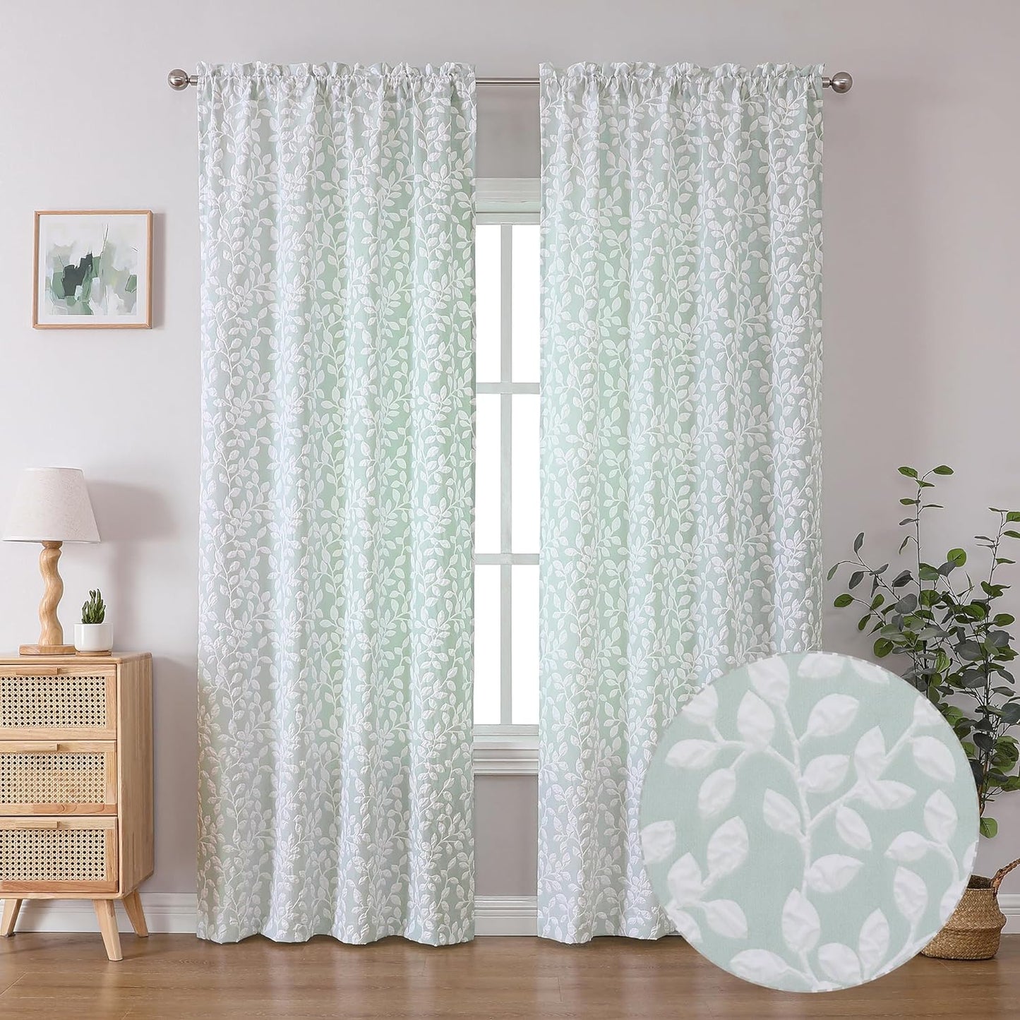 Chyhomenyc Anna White Taupe Curtains 63 Inch Length 2 Panels, Light Filtering Soft Airy 3D Embossed Textured Leaf Pattern Drapes for Bedroom Living Room Windows, Each 42Wx63L Inches  Chyhomenyc Green White 42 W X 84 L 