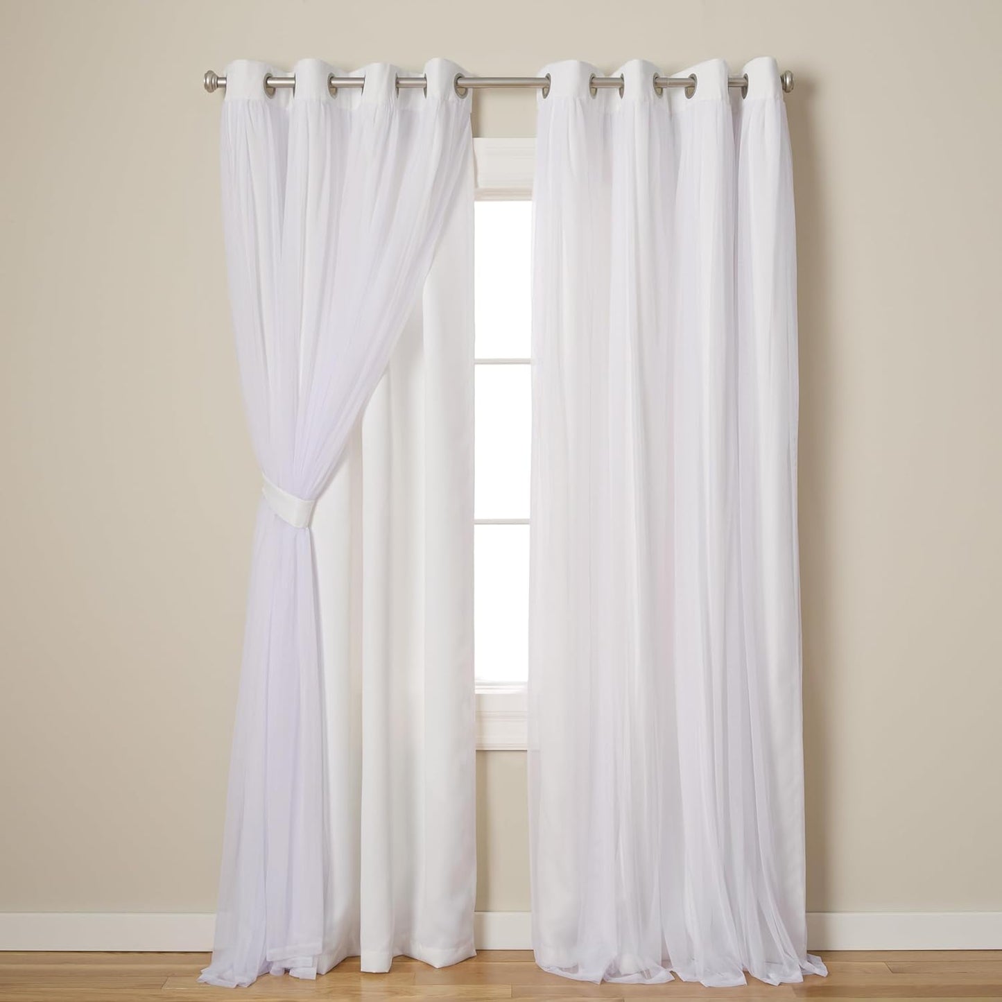 EH8256-09 2-84G Catarina Layered Solid Blackout and Sheer Window Curtain Panel Pair with Grommet Top, 52X84, Winter White, 2 Piece  Exclusive Home Curtains   