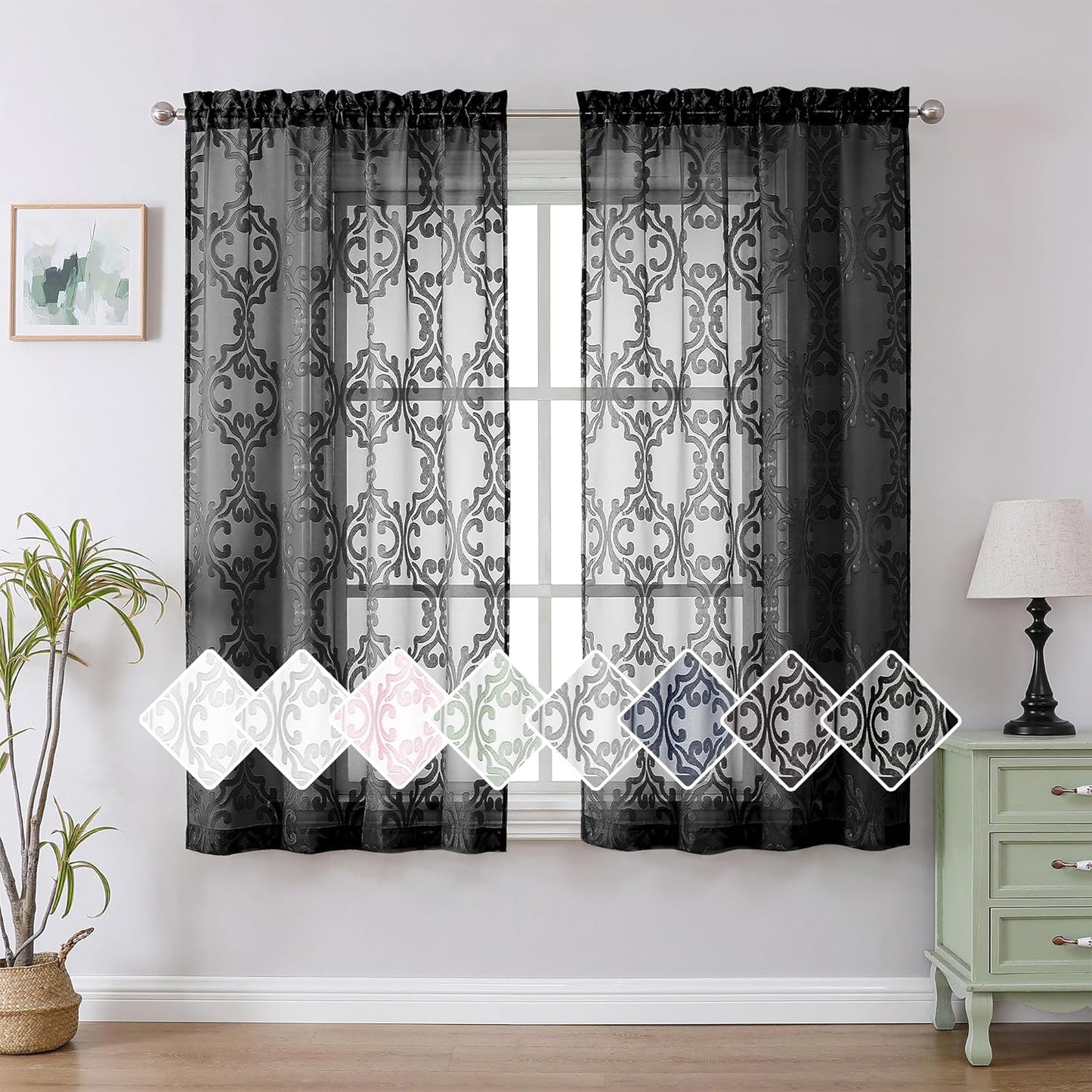 Aiyufeng Suri 2 Panels Sheer Sage Green Curtains 63 Inches Long, Light & Airy Privacy Textured Sheer Drapes, Dual Rod Pocket Voile Clipped Floral Luxury Panels for Bedroom Living Room, 42 X 63 Inch  Aiyufeng Black 2X42X63" 