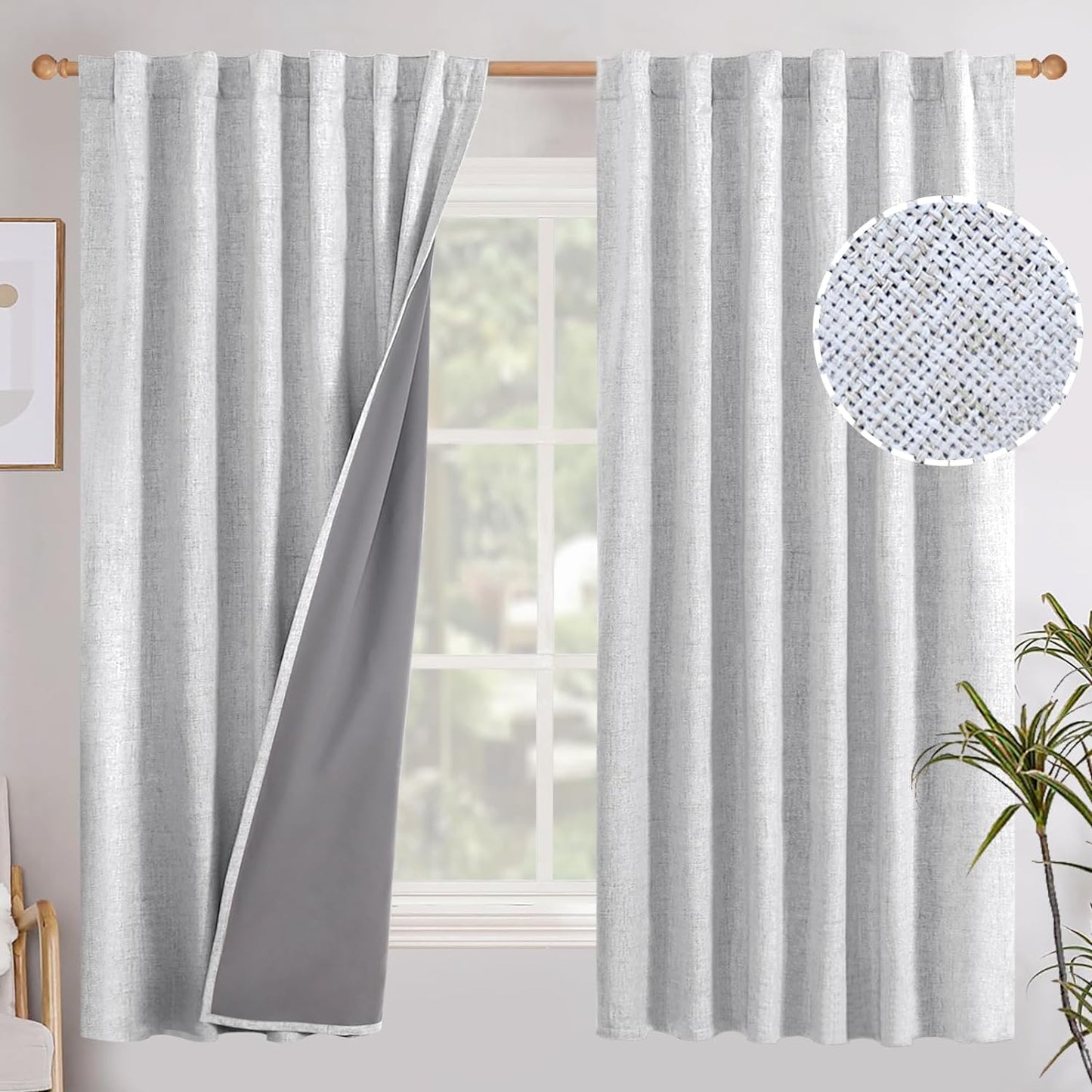 Youngstex Linen Blackout Curtains 63 Inch Length, Grommet Darkening Bedroom Curtains Burlap Linen Window Drapes Thermal Insulated for Basement Summer Heat, 2 Panels, 52 X 63 Inch, Beige  YoungsTex Back Tab/Linen 52W X 63L 
