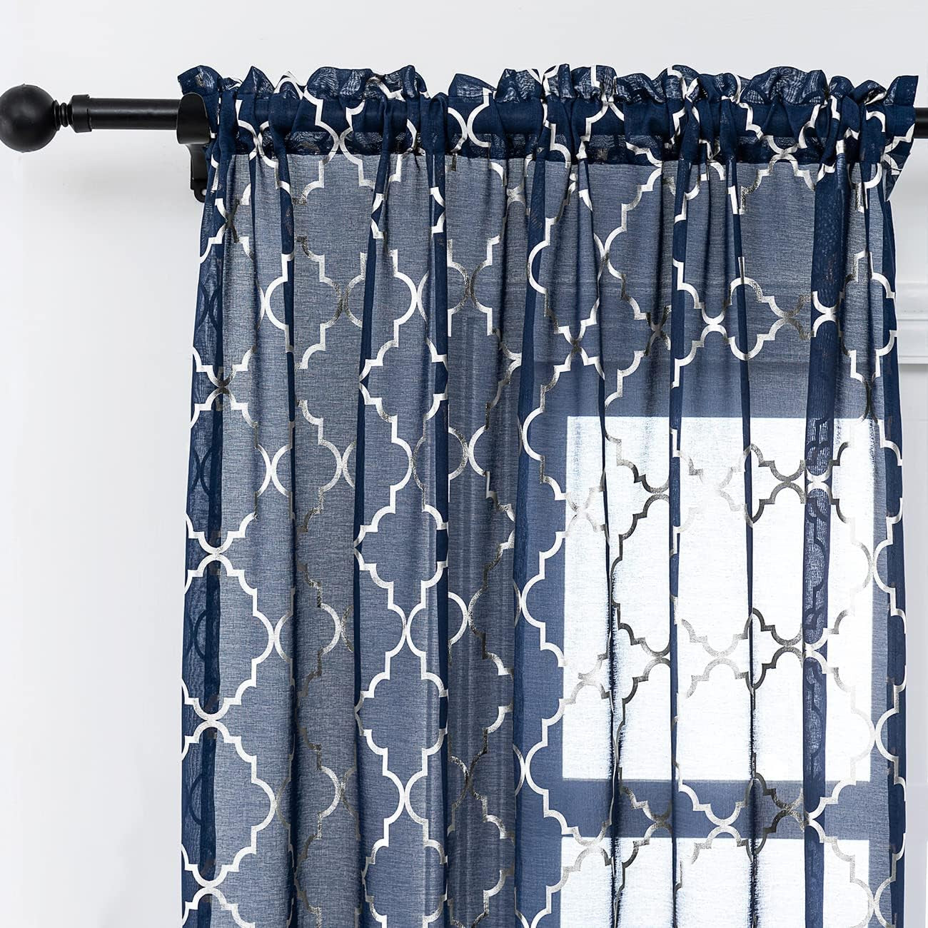 Kotile Silver Grey Sheer Curtains 96 Inch - Metallic Silver Foil Moroccan Tile Printed Rod Pocket Privacy Light Filtering Curtains for Living Room, 52 X 96 Inches, 2 Panels, Grey and Silver  Kotile Textile .Navy And Silver W52" X L84" 