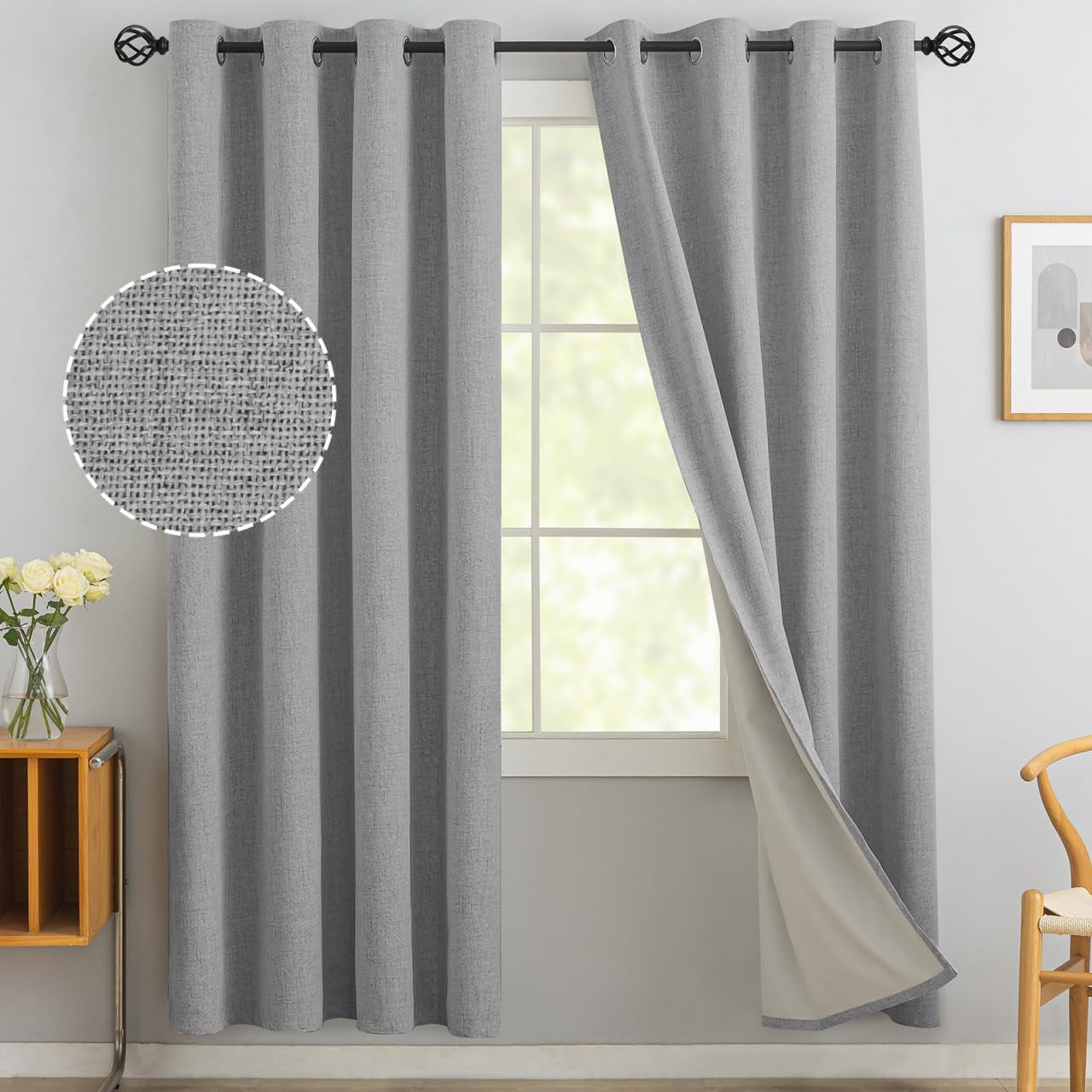 Yakamok Natural Linen Curtains 100% Blackout 84 Inches Long,Room Darkening Textured Curtains for Living Room Thermal Grommet Bedroom Curtains 2 Panels with Greyish White Liner  Yakamok Dove Grey 52W X 72L / 2 Panels 