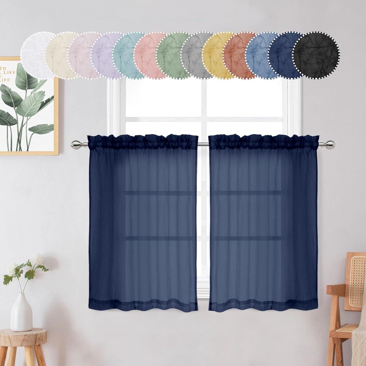 Chyhomenyc Crushed White Sheer Valances for Window 14 Inch Length 2 PCS, Crinkle Voile Short Kitchen Curtains with Dual Rod Pockets，Gauzy Bedroom Curtain Valance，Each 42Wx14L Inches  Chyhomenyc Navy Blue 28 W X 36 L 
