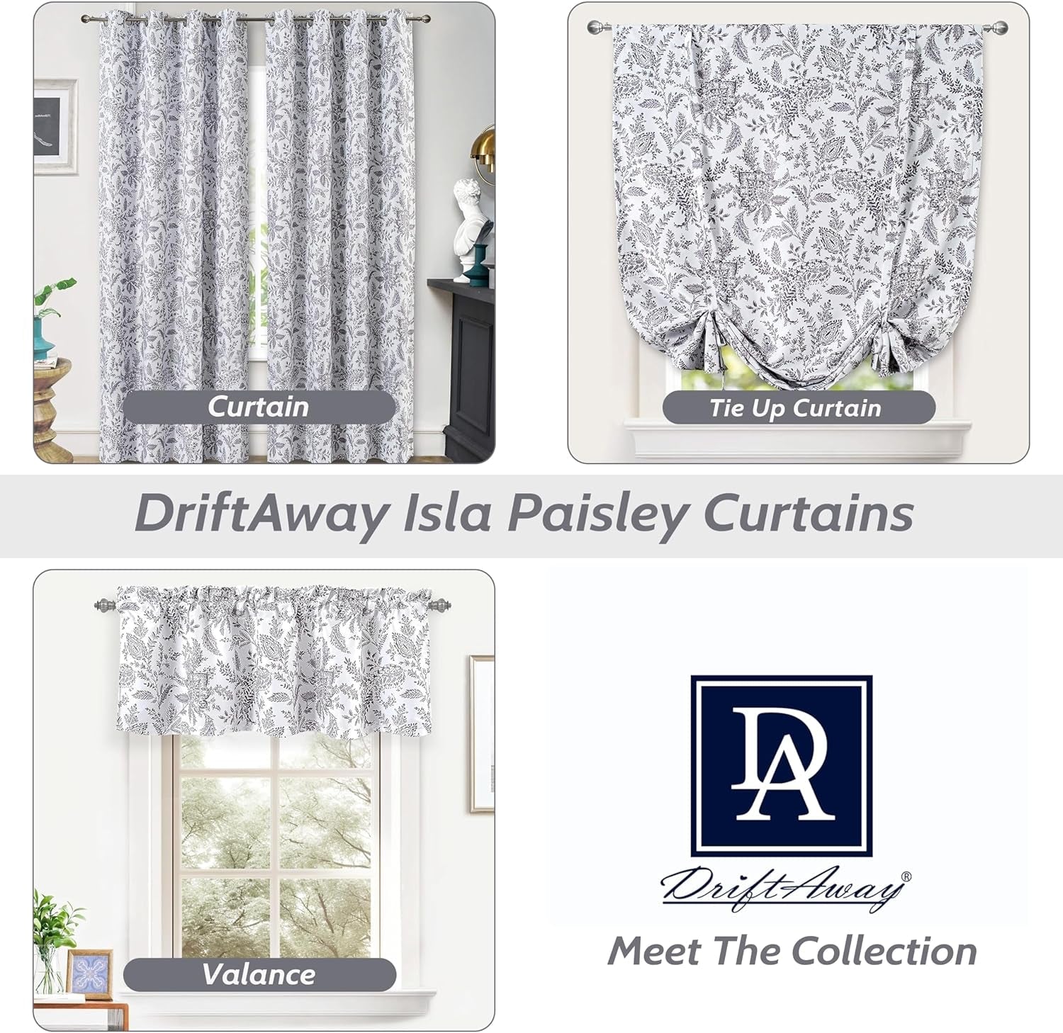 Driftaway Isla Paisley Floral Pattern Blackout Thermal Insulated Window Curtain Valance Rod Pocket 52 Inch by 18 Inch plus 2 Inch Header Gray