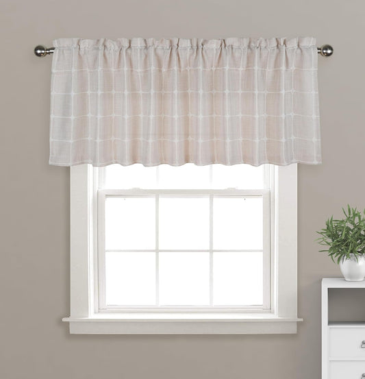 Aiking 2 Panels of Plaid Embroidered 16 Inch Length Rod Pocket Window Valances (56 in by 16 In/Each Panel, Beige)