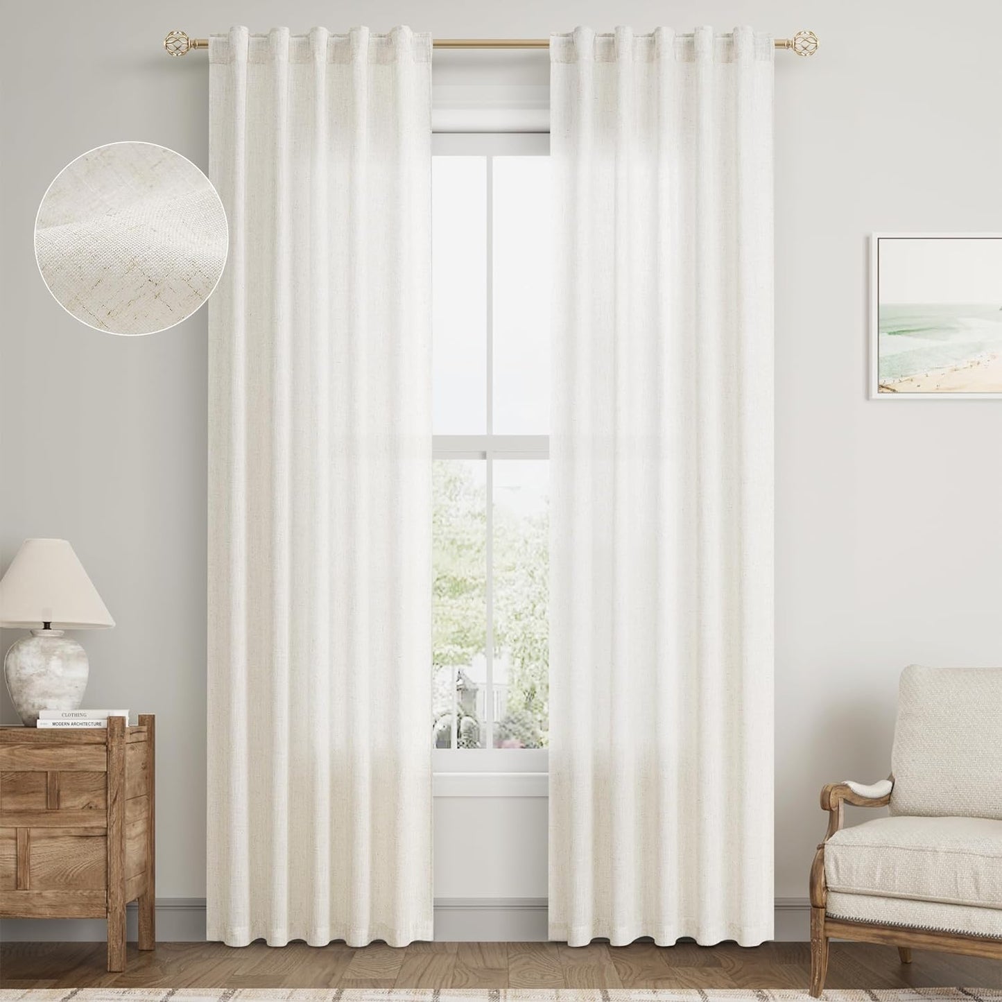 Natural Linen Sheer Curtains 84 Inch Long for Living Room Bedroom Back Tab Light Filtering Privacy Farmhouse Rod Pocket Ivory off White Neutral Drapes with Hooks 2 Panels Cream Beige  SPWIY Natural 40W X 80L Inch X 2 Panels 