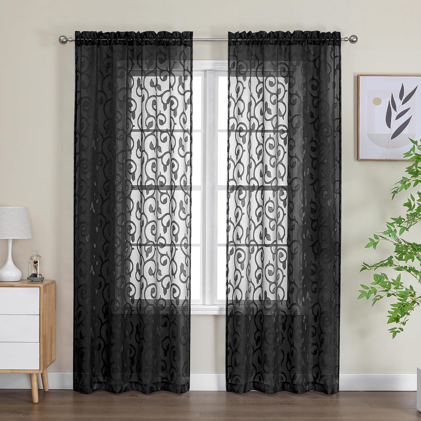 OWENIE Furman Sheer Curtains 84 Inches Long for Bedroom Living Room 2 Panels Set, Light Filtering Window Curtains, Semi Transparent Voile Top Dual Rod Pocket, Grey, 40Wx84L Inch, Total 84 Inches Width  OWENIE Black 40W X 72L 