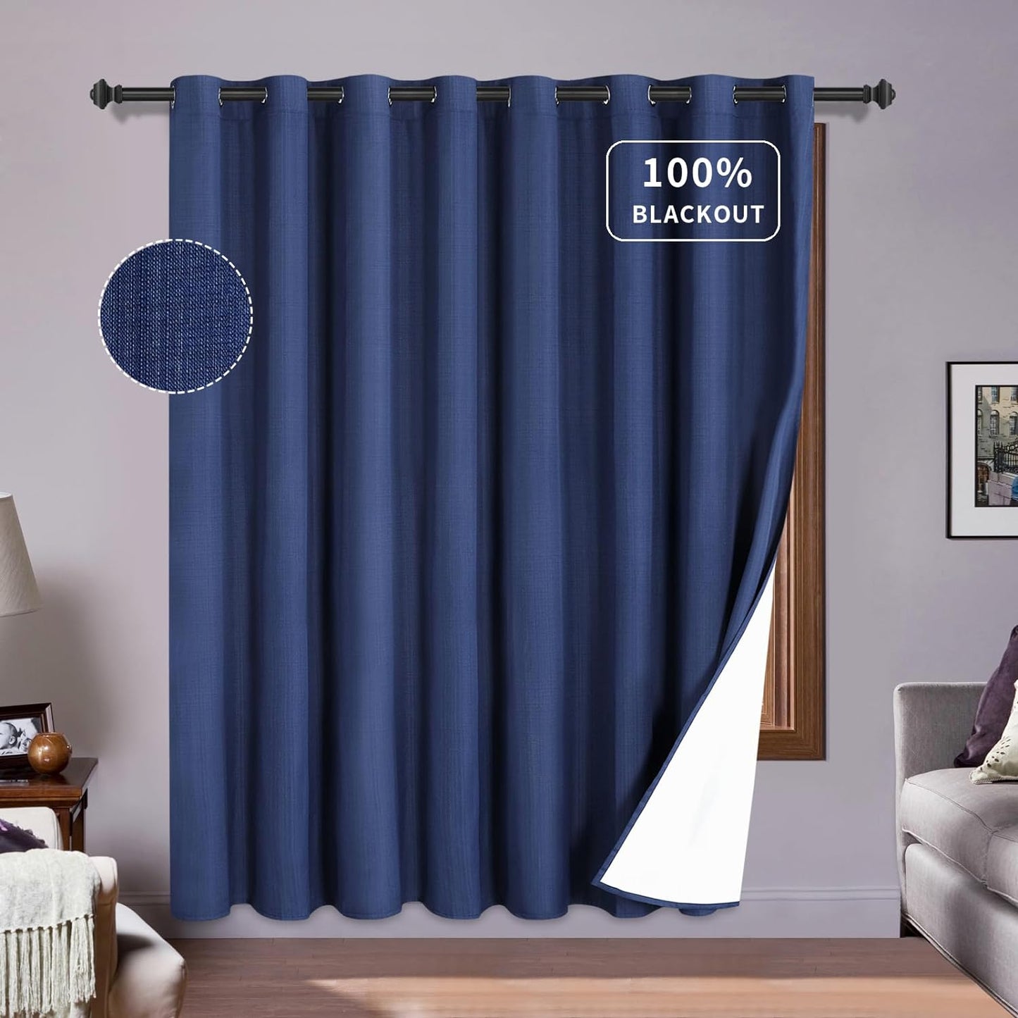 Purefit White Linen Blackout Curtains 84 Inches Long 100% Room Darkening Thermal Insulated Window Curtain Drapes for Bedroom Living Room Nursery with Anti-Rust Grommets & Energy Saving Liner, 2 Panels  PureFit Navy Blue 100"W X 84"L 