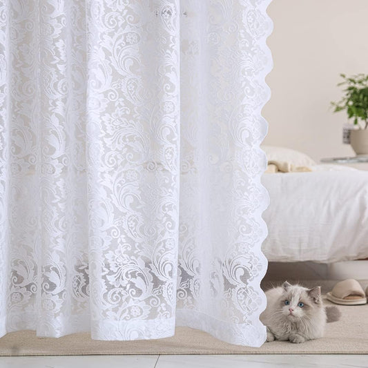 ALIGOGO White Lace Curtains 84 Inches Long-Vintage Floral Luxury Lace Sheer Curtains for Living Room 2 Panels Rod Pocket 52 W X 84 L Inch,White  ALIGOGO White 1 52" W X 96" L 