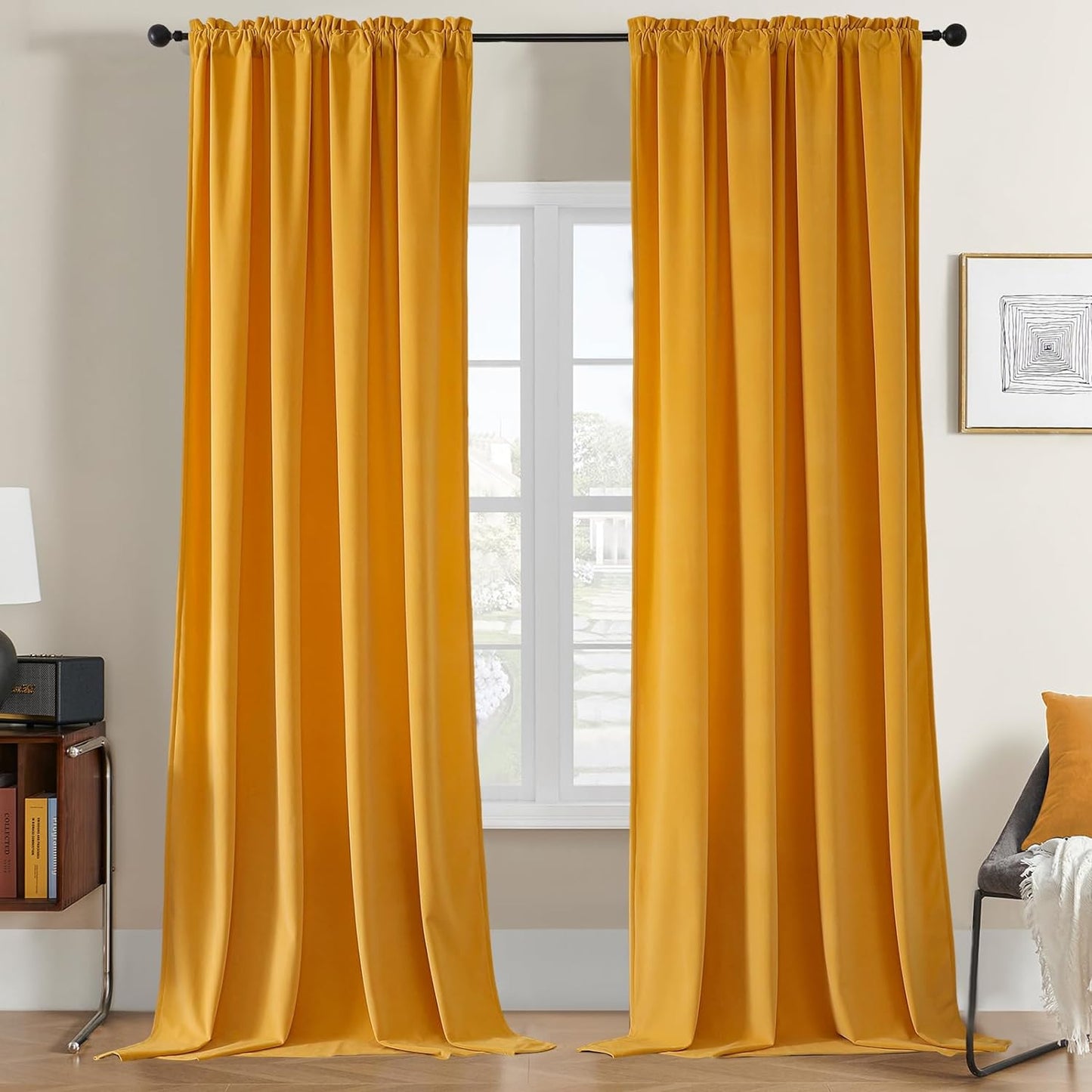 Joydeco Black Velvet Curtains 90 Inch Length 2 Panels, Luxury Blackout Rod Pocket Thermal Insulated Window Curtains, Super Soft Room Darkening Drapes for Living Dining Room Bedroom,W52 X L90 Inches  Joydeco Rod Pocket | Golden Yellow 52W X 84L Inch X 2 Panels 