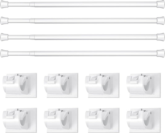 Adjustable Curtain Rod Extendable Spring Tension Rod with Self Adhesive Hook for Closet, Wardrobe, Bookshelf, Small Window, White, Length 15.7 to 27.5 Inch (4 Pieces)