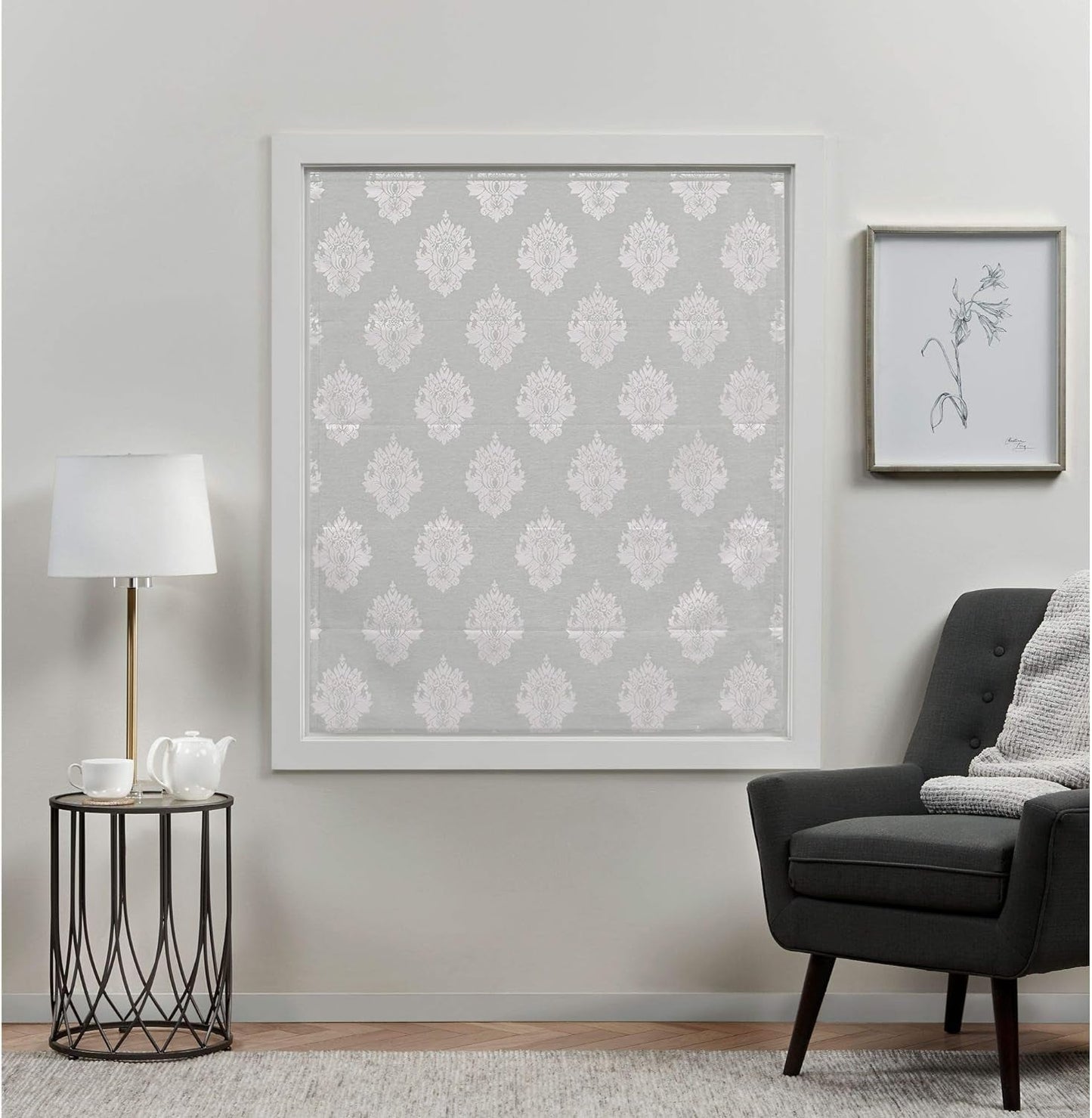 Exclusive Home Marseilles Damask 100% Blackout Roman Shade, 23"X64", Silver