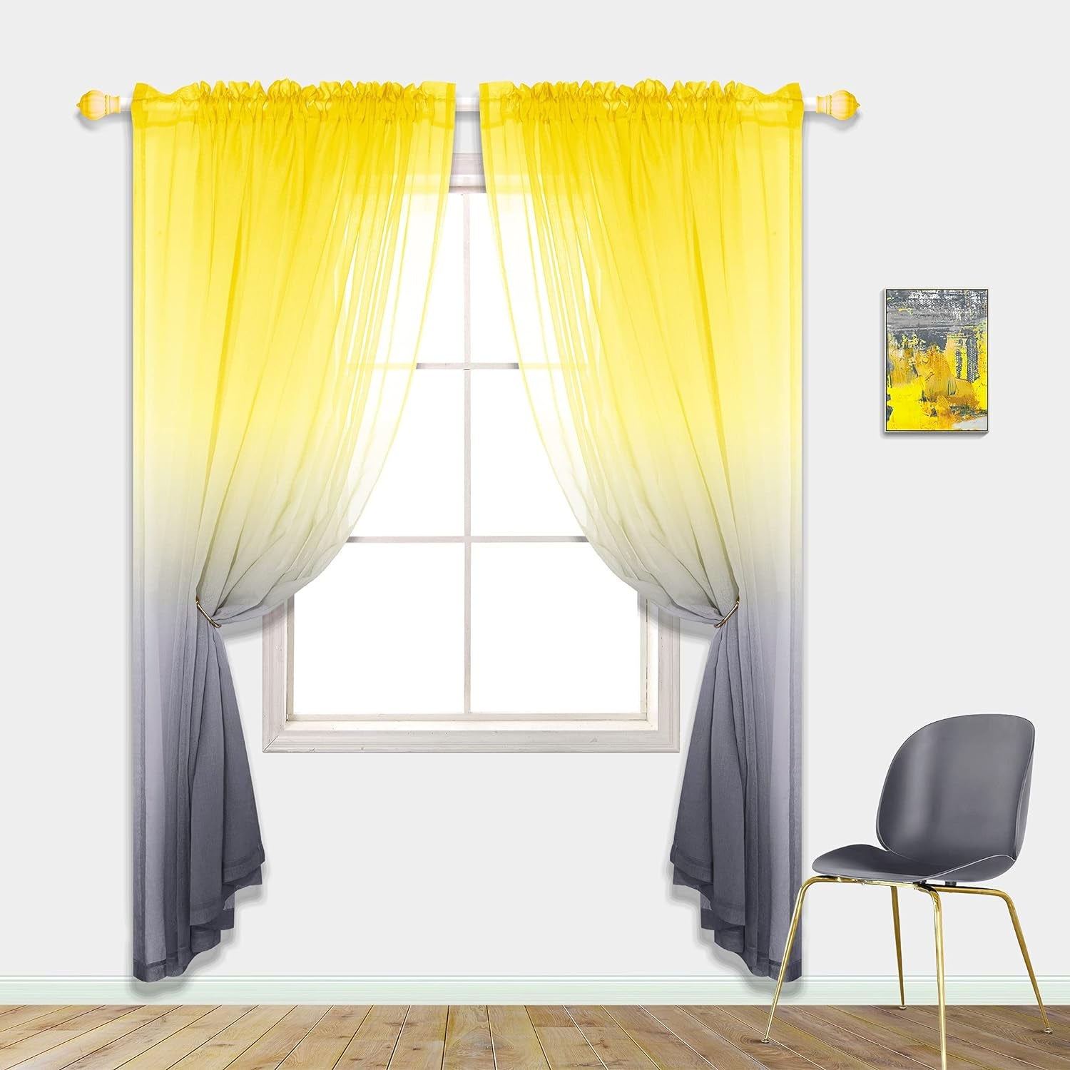 Spring Sheer Curtains for Living Room with Rod Pocket Window Treatments Decor 84 Inch Length Bedroom Curtain Set of 2 Panels Yellow and Grey Gray  PITALK TEXTILE   