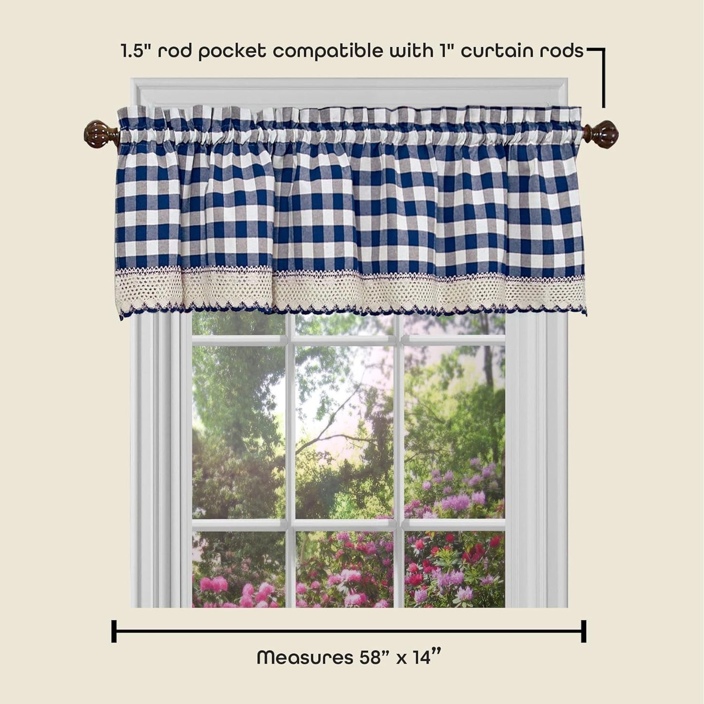 Buffalo Check Valance Window Curtains - 58 Inch Width, 14 Inch Length - Navy Blue & Ivory White Plaid - Light Filtering Farmhouse Country Drapes for Bedroom Living & Dining Room by Achim Home Decor