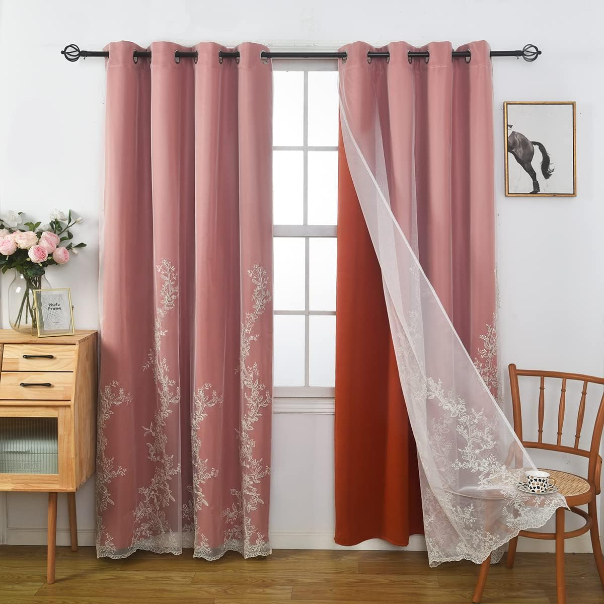 GYROHOME Double Layered Curtains with Embroidered White Sheer Tulle, Mix and Match Curtains Room Darkening Grommet Top Thermal Insulated Drapes,2Panels,52X84Inch,Beige  GYROHOME Tangerine 52Wx63Lx2 