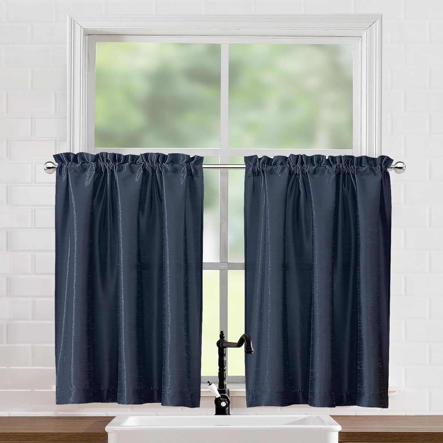 Chyhomenyc Uptown Sage Green Kitchen Curtains 45 Inch Length 2 Panels, Room Darkening Faux Silk Chic Fabric Short Window Curtains for Bedroom Living Room, Each 30Wx45L  Chyhomenyc Navy Blue 2X40"Wx36"L 