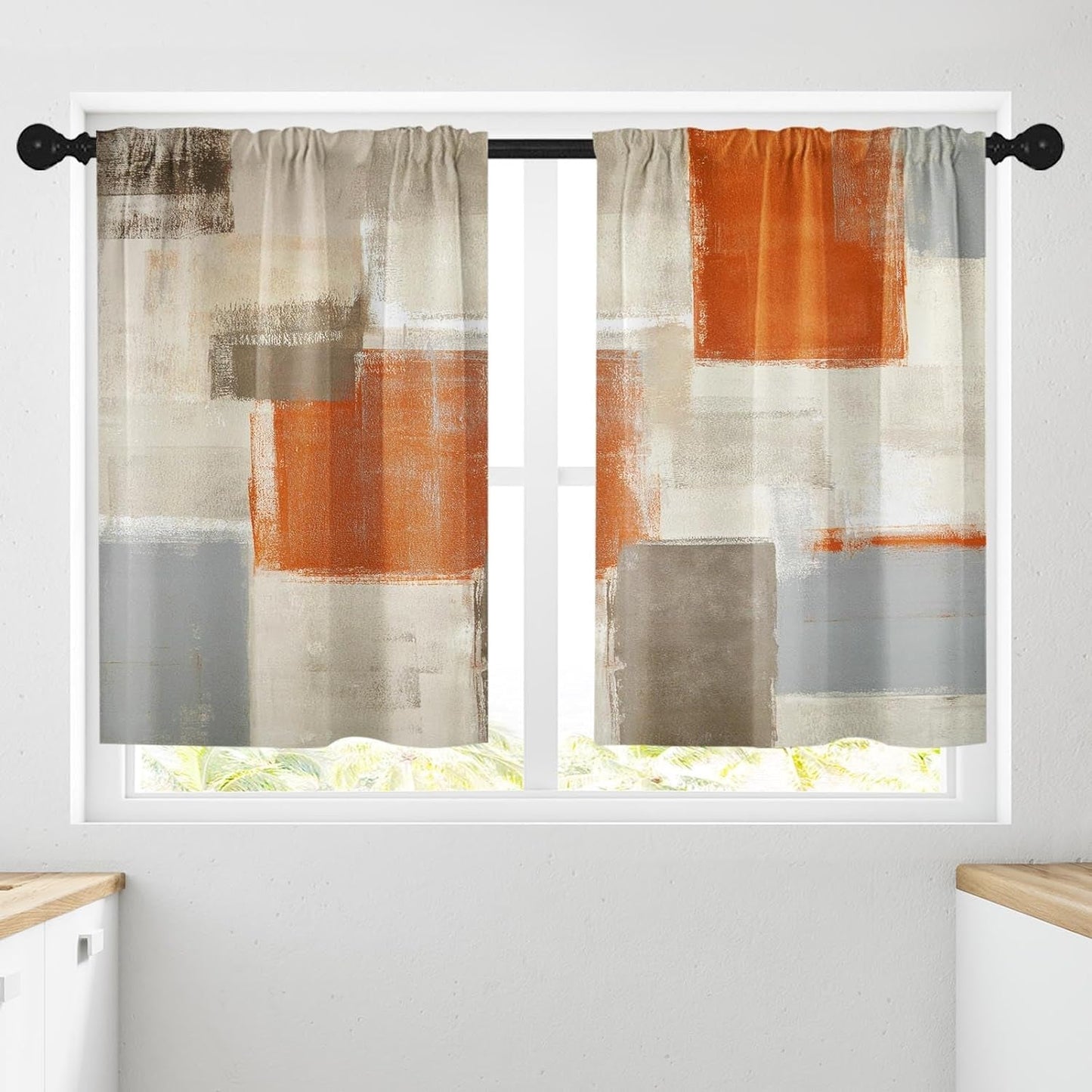 Emvency Farmhouse Kitchen Curtains Orange Abstract Window Curtains Short Tier Curtains over Sink, Modern Art Painting Decor Rod Pocket Window Drapes Set of 2 (26X36 Inch)