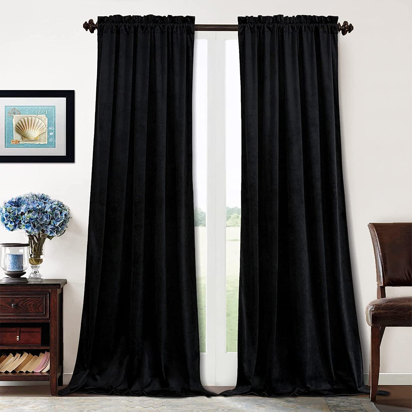 Benedeco Green Velvet Curtains for Bedroom Window, Super Soft Luxury Drapes, Room Darkening Thermal Insulated Rod Pocket Curtain for Living Room, W52 by L84 Inches, 2 Panels  Benedeco Black W52 * L84 | 2 Panels 