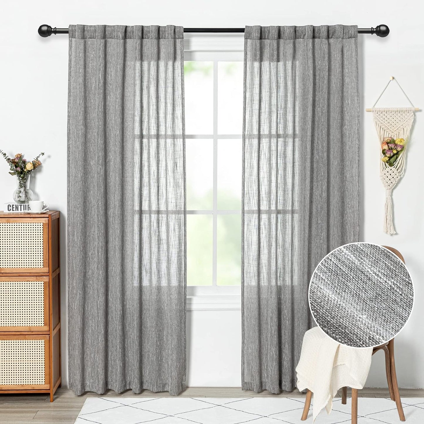 MYSKY HOME 90 Inch Curtains for Sliding Glass Door Windows, Living Room Decoration Cotton Drapes Soft Comfortable Touch Farmhouse Country Patio Treatment Set, 50" Width, Natural, 2 Panels  MYSKYTEX Dark Grey 50"W X 90"L 
