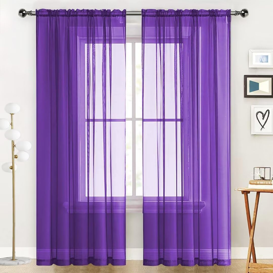 Spacedresser Basic Rod Pocket Sheer Voile Window Curtain Panels White 1 Pair 2 Panels 52 Width 84 Inch Long for Kitchen Bedroom Children Living Room Yard(White,52 W X 84 L)  Lucky Home Purple 52 W X 45 L 