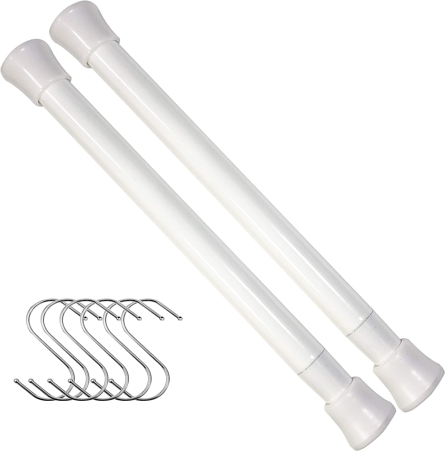 Expandable Small Spring Tension Rod - 7 to 11 Inches 2 Pack of White Mini Tension Pole and 6 S Shaped Hooks for Window, Curtain, Bathroom