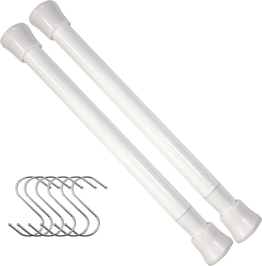 Expandable Small Spring Tension Rod - 7 to 11 Inches 2 Pack of White Mini Tension Pole and 6 S Shaped Hooks for Window, Curtain, Bathroom