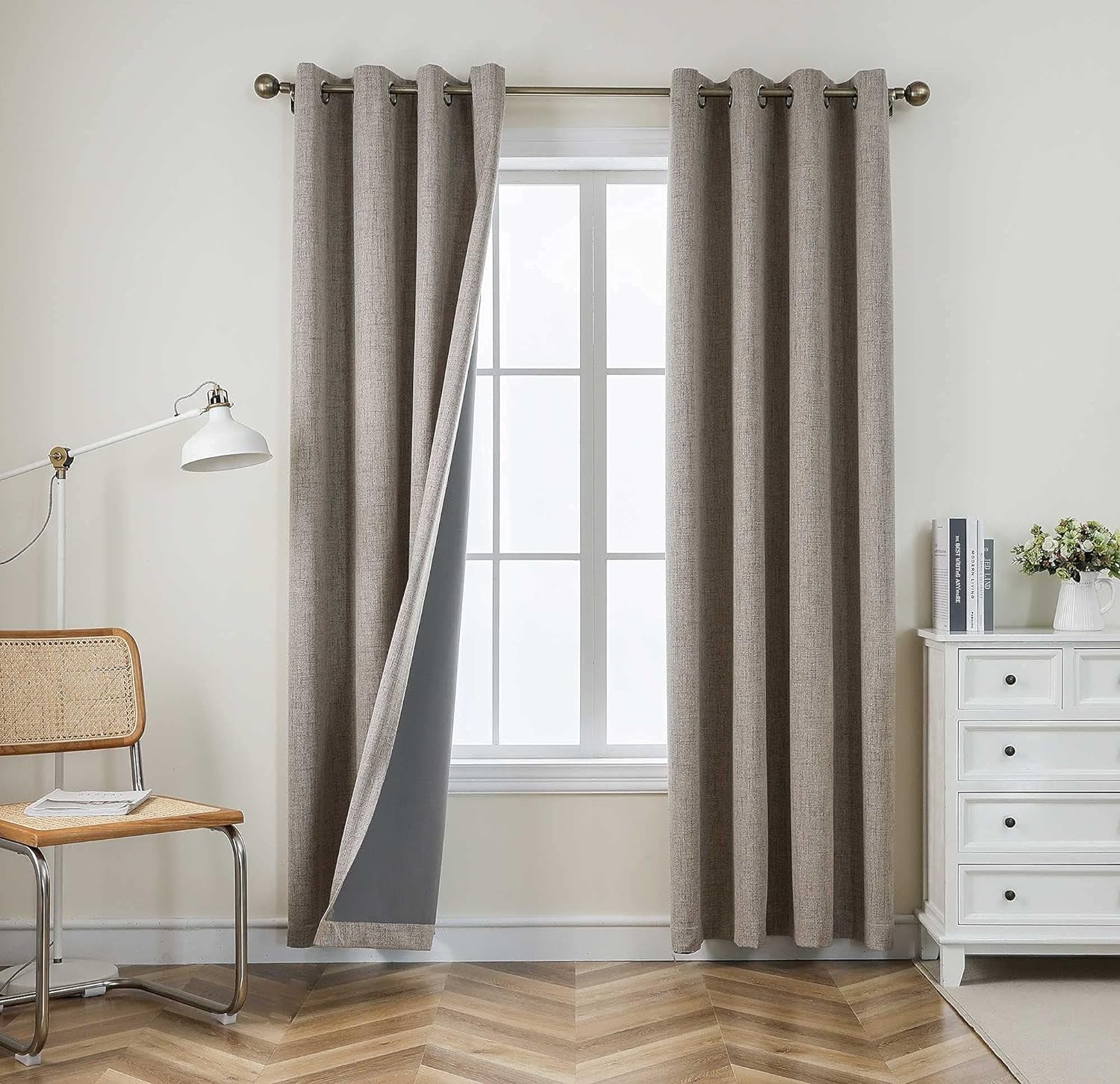 CUCRAF Full Blackout Window Curtains 84 Inches Long,Faux Linen Look Thermal Insulated Grommet Drapes Panels for Bedroom Living Room,Set of 2(52 X 84 Inches, Light Khaki)  CUCRAF   