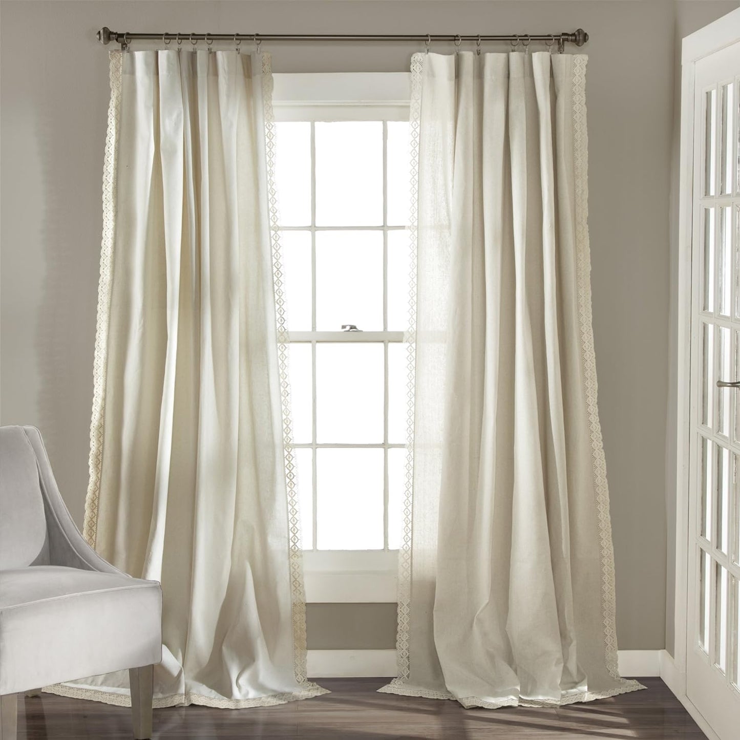Lush Decor Rosalie Light Filtering Window Curtain Panel Set- Pair- Vintage Farmhouse & French Country Style Curtains - Timeless Dreamy Drape - Romantic Lace Trim - 54" W X 84" L, White  Triangle Home Fashions Ivory Window Panel 54"W X 108"L