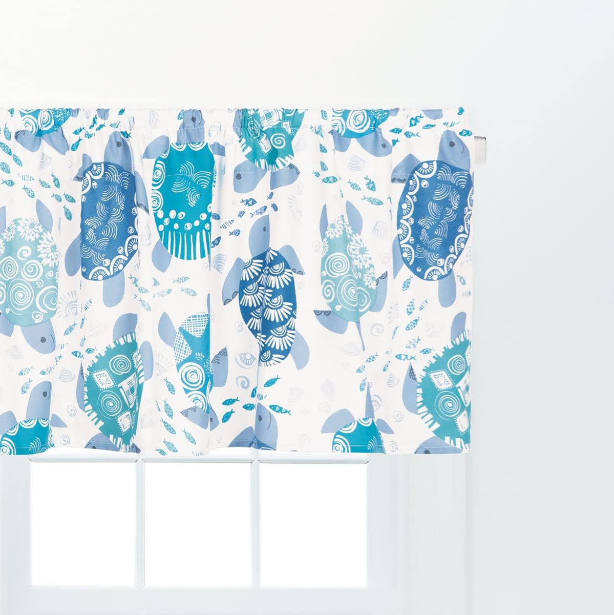 C&F Home Turtle Bay Valance Cotton Window Treatment Curtain Nautical Beach Ocean Watercolor Colorful Blue and White Trellis Blue