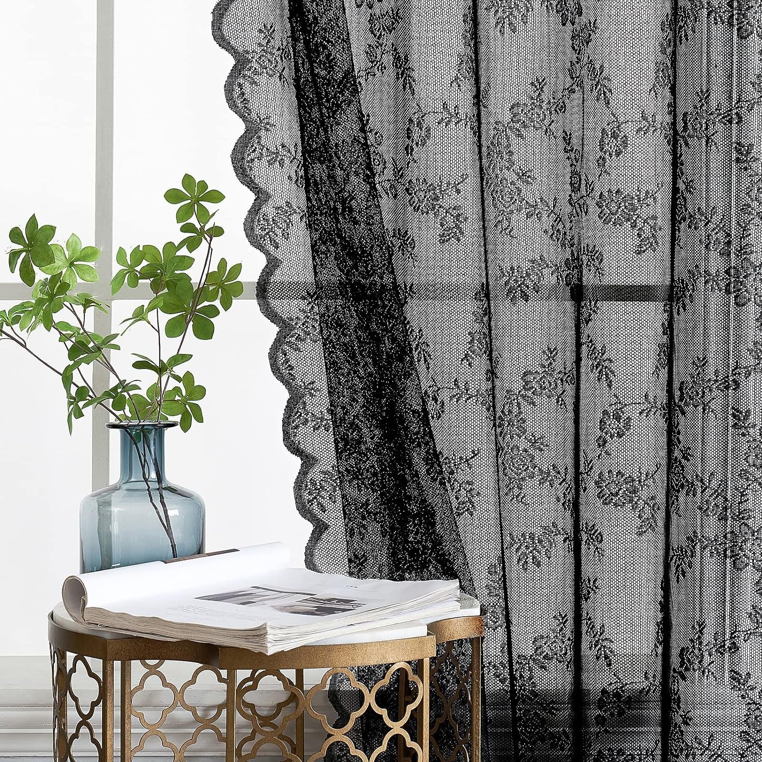 MIULEE White Lace Curtains 84 Inches Long for Living Room Bedroom, Scalloped Sheer Curtains Rose Floral Embroidered Farmhouse Window Drapes Vintage European Tulle Retro Style, Rod Pocket, 2 Panels Set  MIULEE Black 58 W X 84 L 