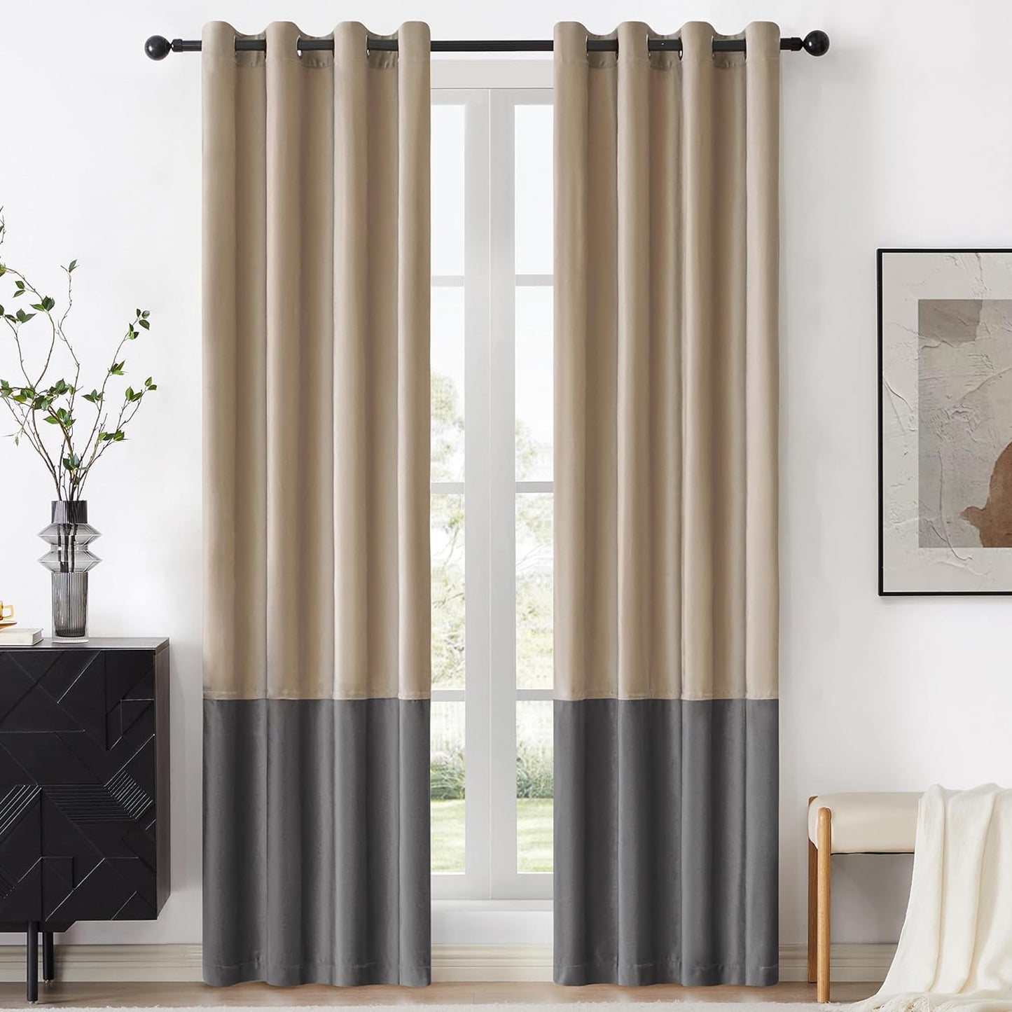 BULBUL Color Block Window Curtains Panels 84 Inches Long Cream Ivory Gold Velvet Farmhouse Drapes for Bedroom Living Room Darkening Treatment with Grommet Set of 2  BULBUL Champagne  Grey 52"W X 84"L 