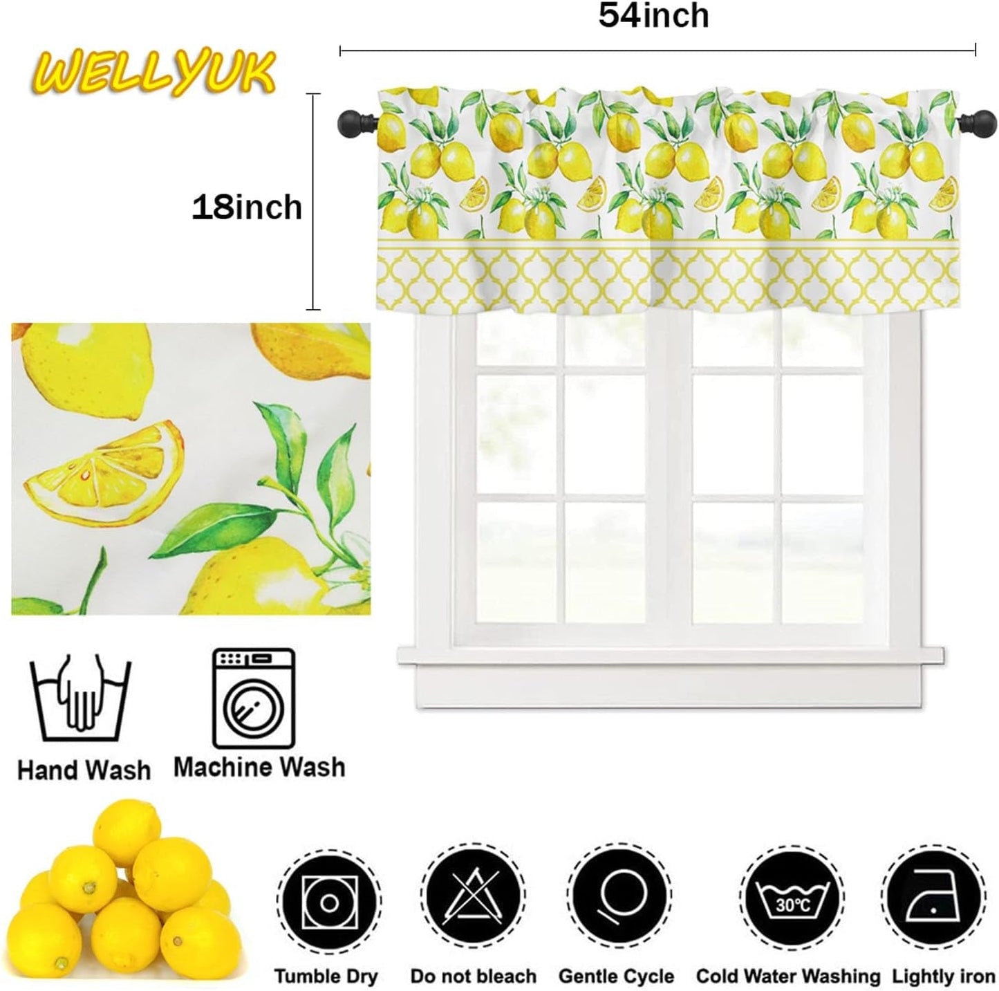 54 Inch X 18 Inch Curtain Valance for Windows, Lemon Fruits Pattern Kitchen Living Room Bedroom Window Treatment with Rod Pocket, Yellow