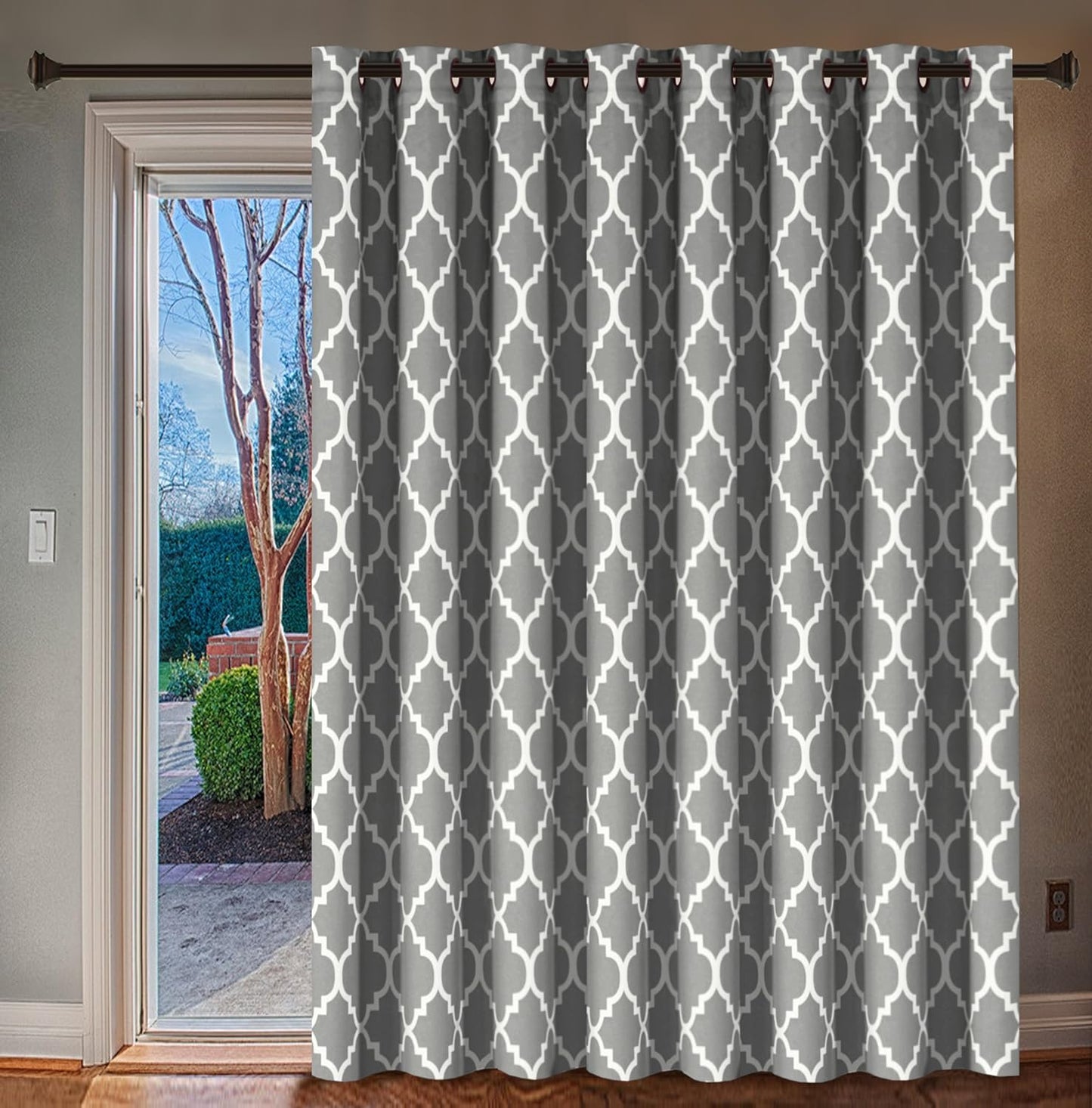 H.VERSAILTEX Extra Wide Blackout Curtain 100X84 Inches Thermal Insulated Curtain for Sliding Glass Door -Grommet Top Patio Door Curtain - Moroccan Tile Quatrefoil Pattern, Dove and White  H.VERSAILTEX Dove  White 100"W X 96"L 