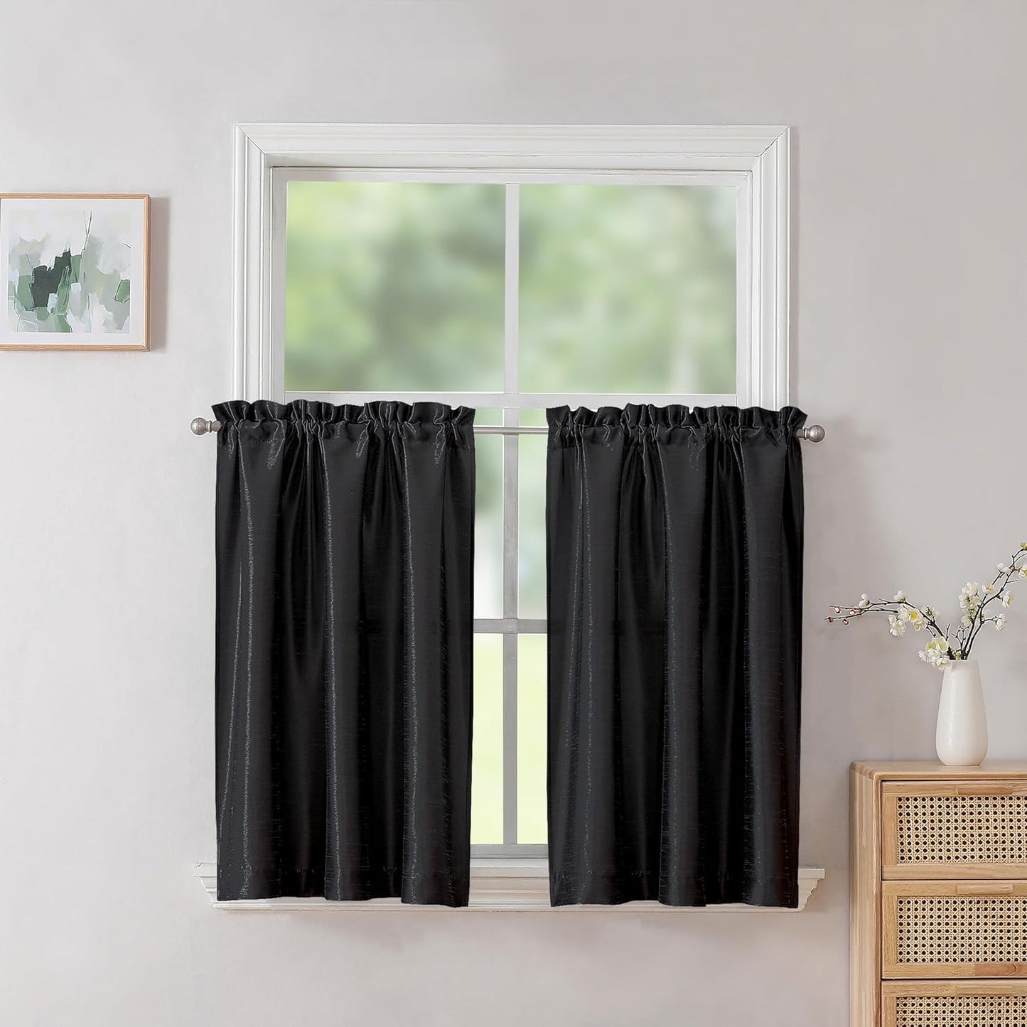 Chyhomenyc Uptown Sage Green Kitchen Curtains 45 Inch Length 2 Panels, Room Darkening Faux Silk Chic Fabric Short Window Curtains for Bedroom Living Room, Each 30Wx45L  Chyhomenyc Black 2X30"Wx24"L 