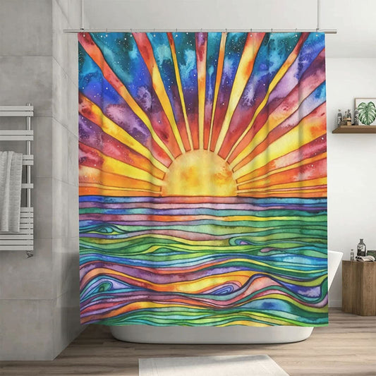 Boho Shower Curtains for Bathroom, Abstract Colorful Sun Shower Curtain, Modern Geometric Sunrise Sunset Polyester Waterproof Fabric Bath Curtain, 72''X72''