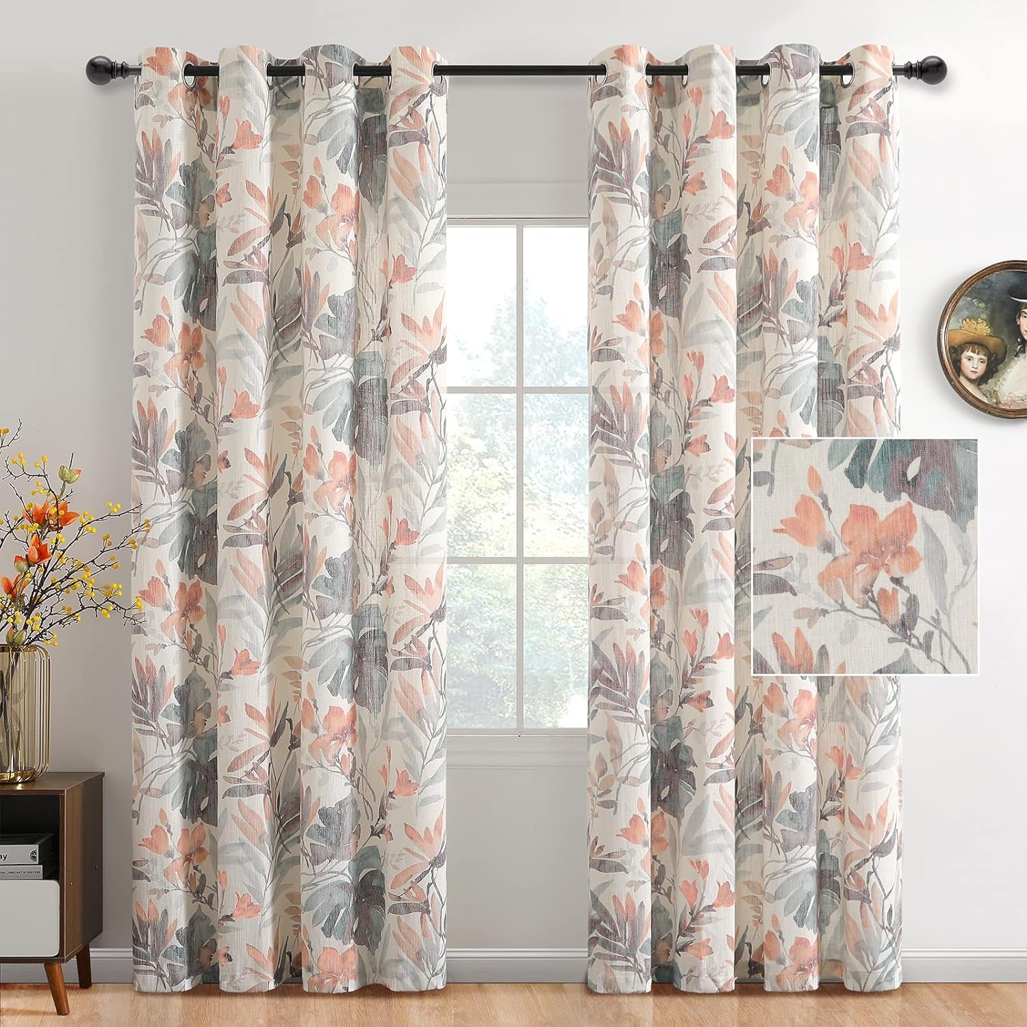 MYSKY HOME Floral Curtains 84 Inches Long Printed Grommet Cotton Curtains for Living Room Bedroom Light Filtering Linen Style Curtain Burlap Effect Drape Window Treatments, 2 Panel Coral and Natural  MYSKY HOME   