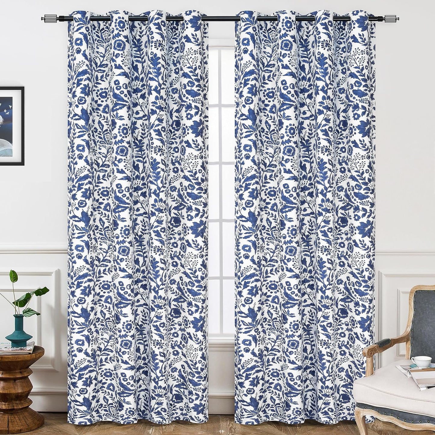 Driftaway Julia Watercolor Blackout Room Darkening Grommet Lined Thermal Insulated Energy Saving Window Curtains 2 Layers 2 Panels Each Size 52 Inch by 84 Inch Navy  DriftAway Navy 52"X102" 