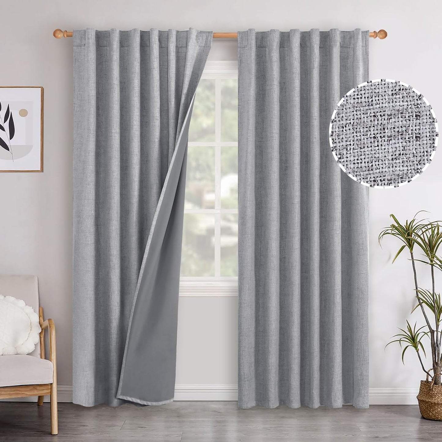 Youngstex Linen Blackout Curtains 63 Inch Length, Grommet Darkening Bedroom Curtains Burlap Linen Window Drapes Thermal Insulated for Basement Summer Heat, 2 Panels, 52 X 63 Inch, Beige  YoungsTex Back Tab/Grey 52W X 95L 