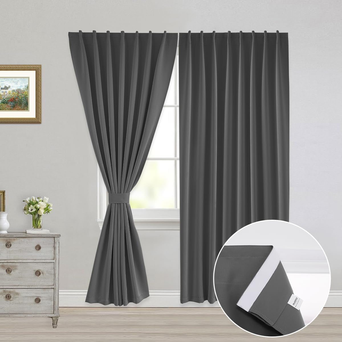 Muamar 2Pcs Blackout Curtains Privacy Curtains 63 Inch Length Window Curtains,Easy Install Thermal Insulated Window Shades,Stick Curtains No Rods, Black 42" W X 63" L  Muamar Grey 52"W X 84"L 