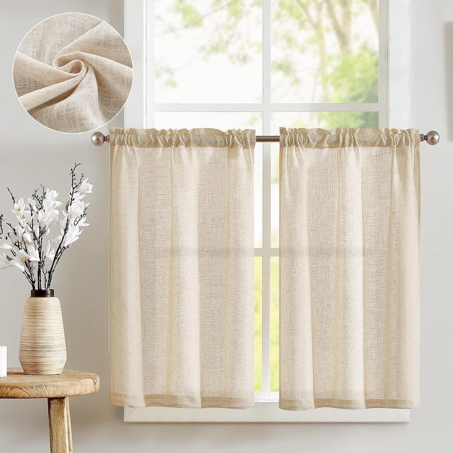 Jinchan Linen Kitchen Curtains Striped Tier Curtains Ticking Stripe Curtains Pinstripe Cafe Curtains 24 Inch Length for Living Room Bathroom Farmhouse Rustic Curtains Rod Pocket 2 Panels Tan  CKNY HOME FASHION Thick Linen Crude W26 X L24 